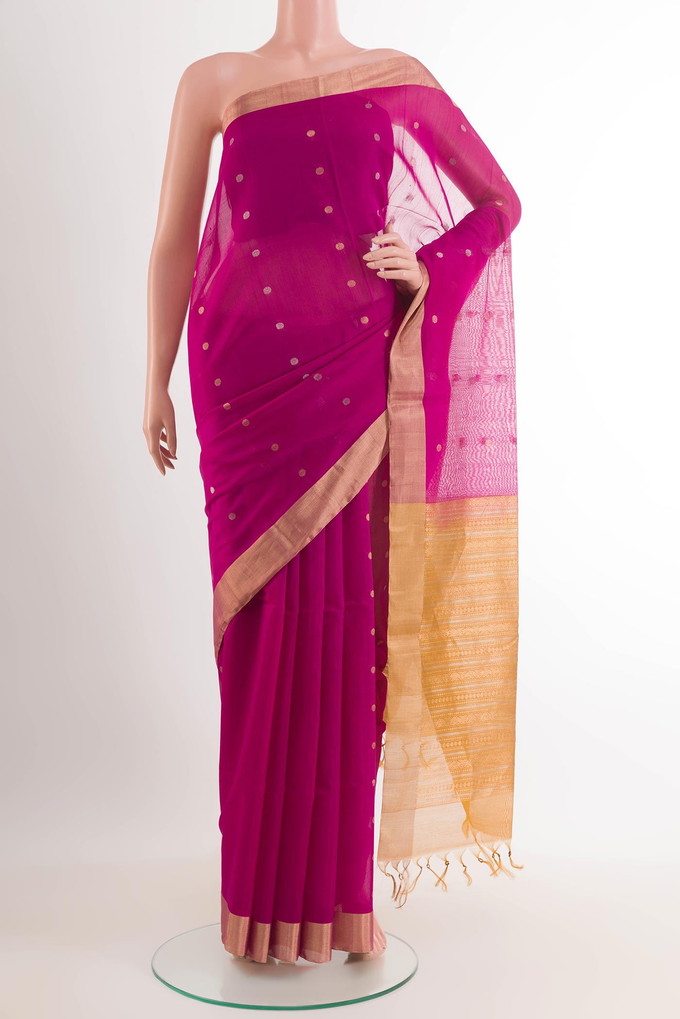 Dark Pink Blended Kora Cotton Saree with Zari Butta on the body and Zari Border.  displayed on a mannequin