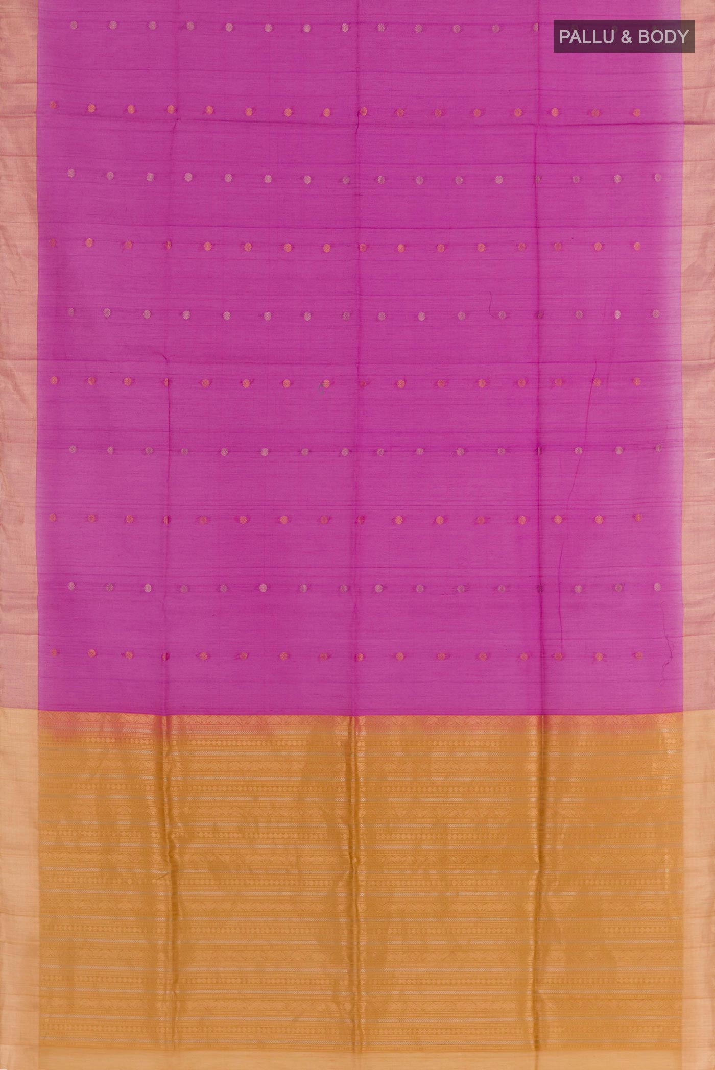 Flat view of Dark Pink Blended Kora Cotton Saree with Zari Butta on the body and Zari Border. 