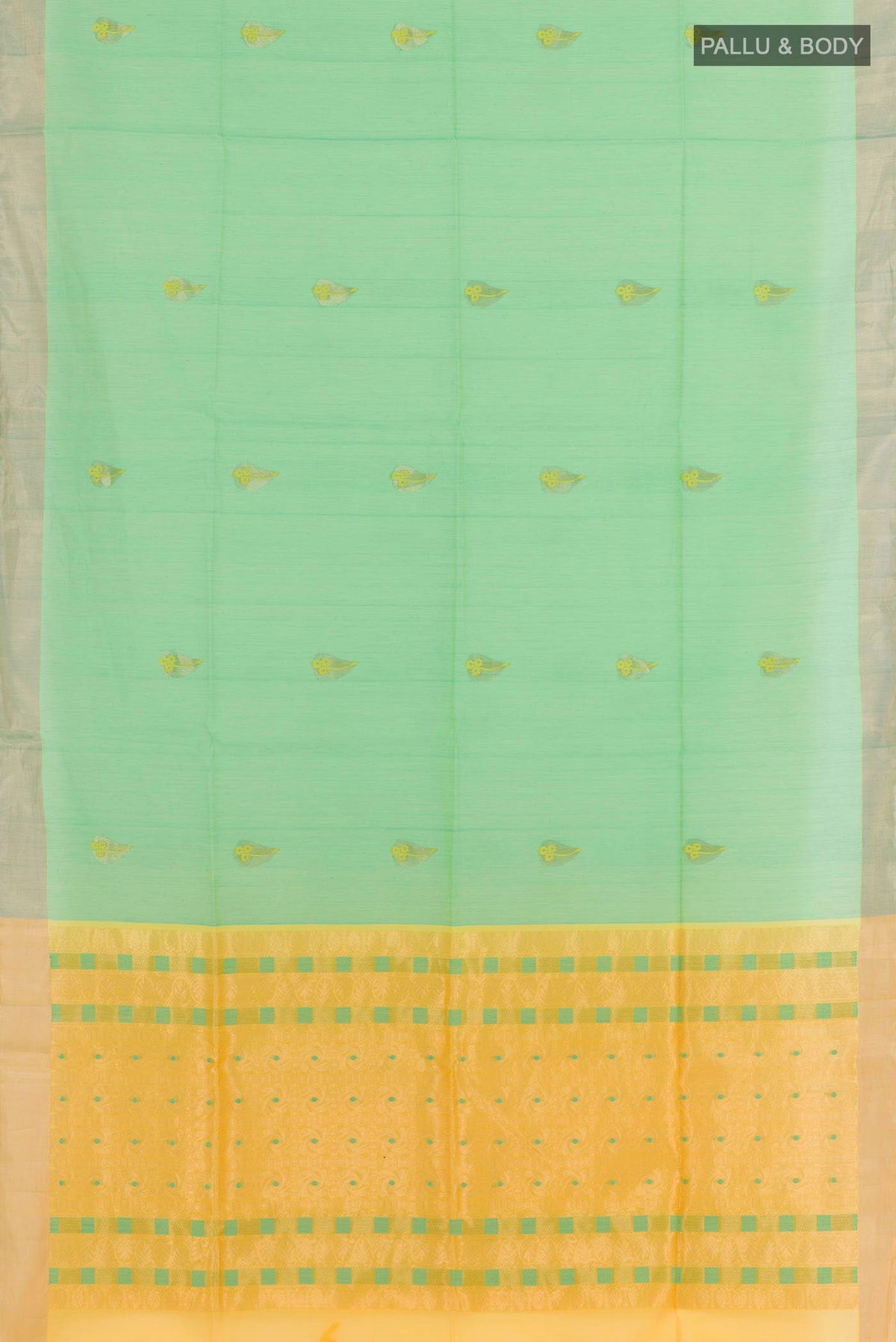 Flat view of Light Green Blended Kota Cotton Saree with Zari Butta on the body and Zari Border. 