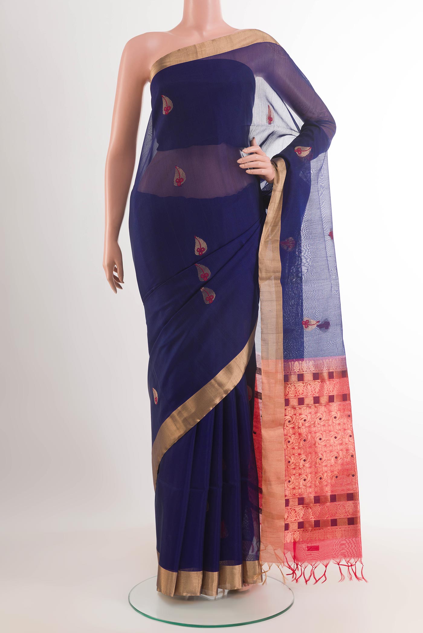 Dark Blue Blended Kora Cotton Saree with Zari Butta on the body and Zari Border.  displayed on a mannequin