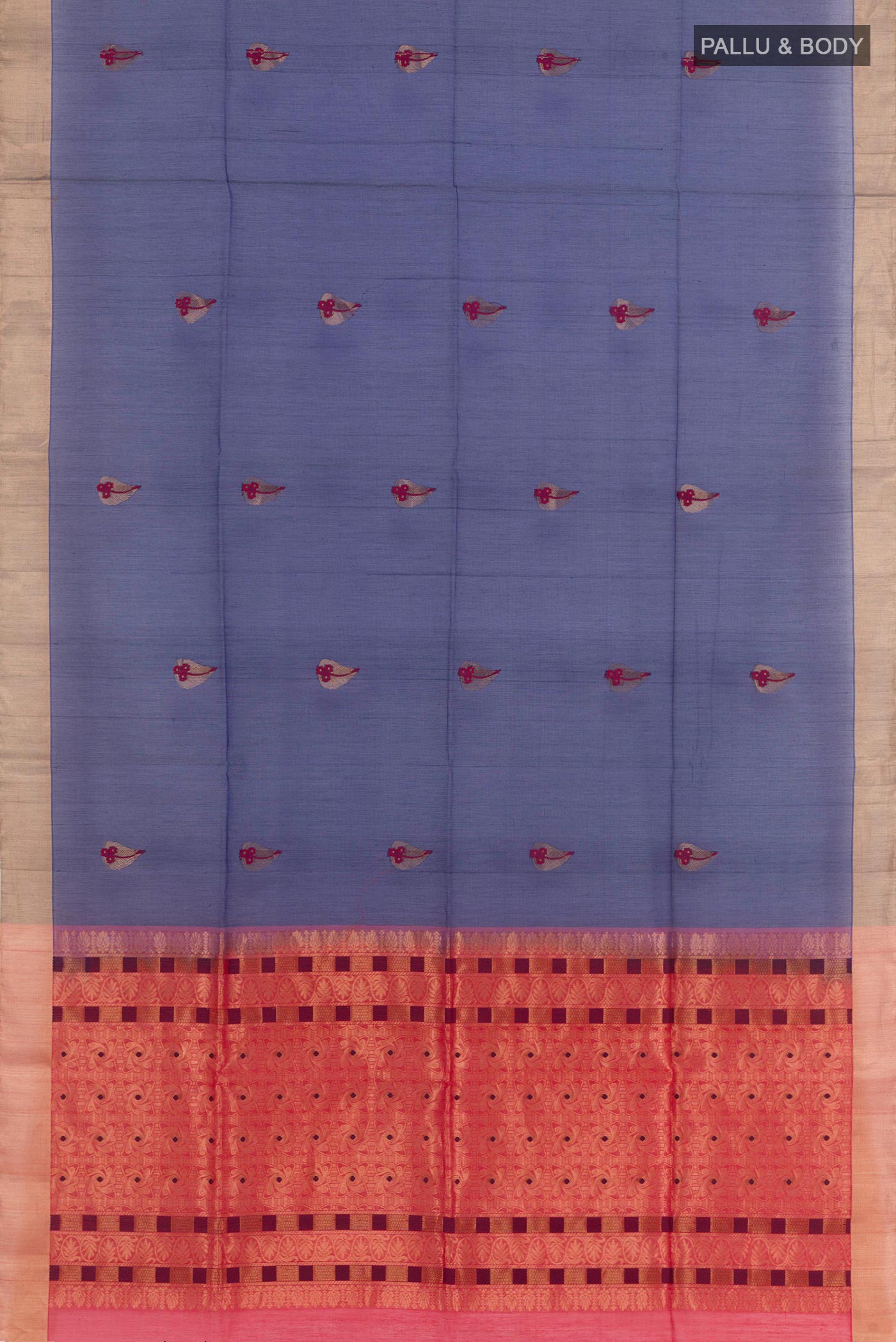 Flat view of Dark Blue Blended Kora Cotton Saree with Zari Butta on the body and Zari Border. 