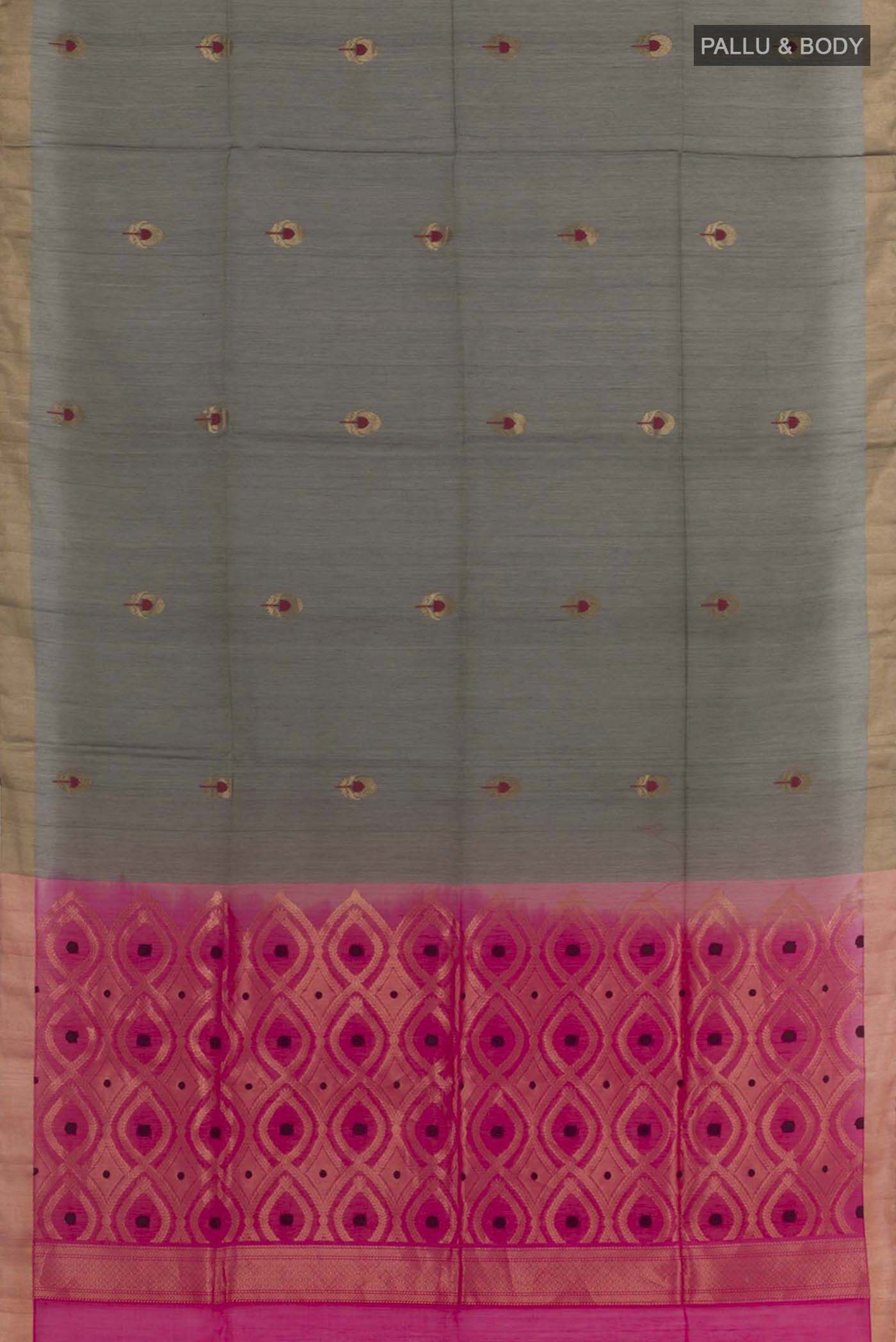 Flat view of Grey Blended Kora Cotton Saree with Zari Butta on the body and Zari Border. 