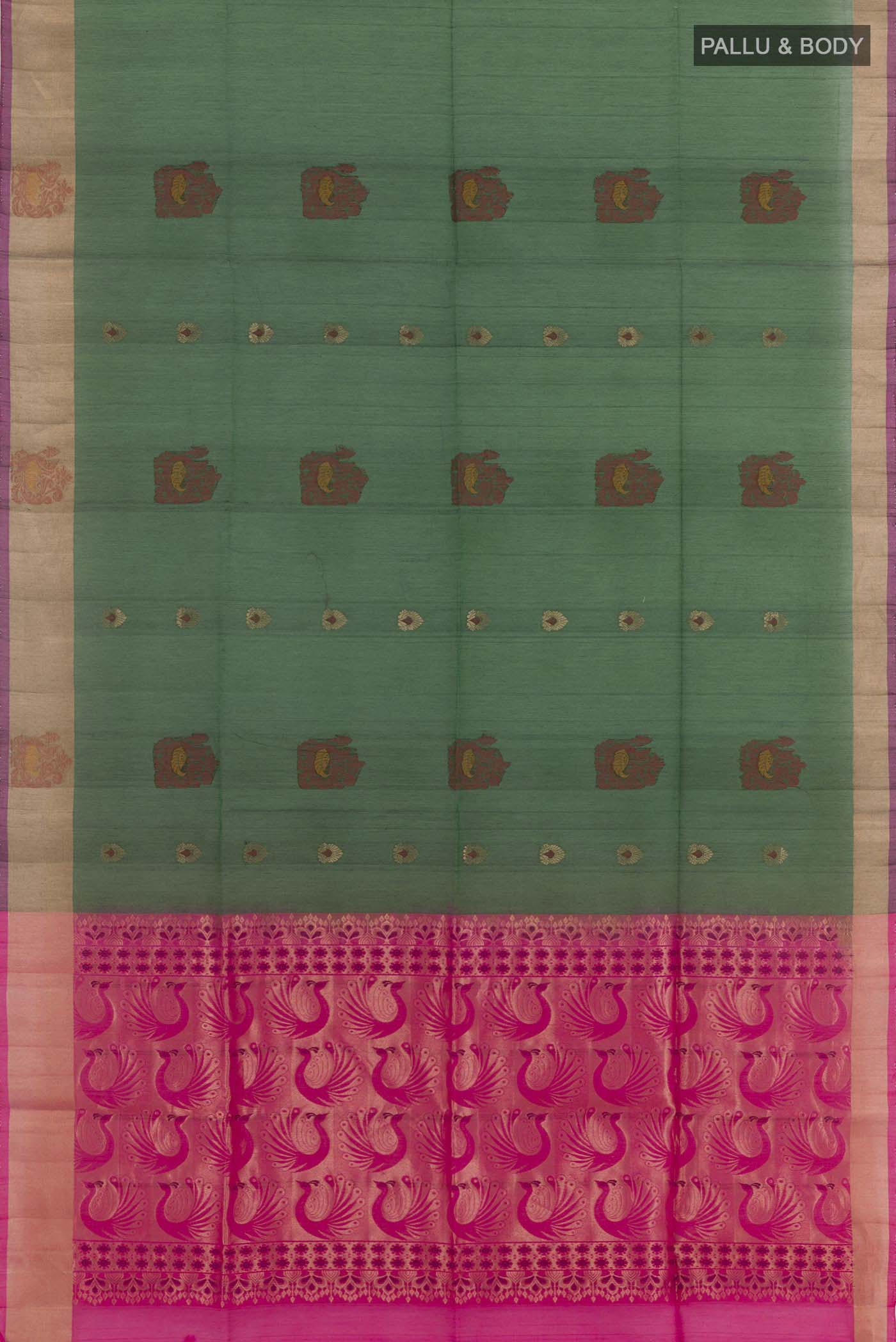 Flat view of Green Blended Chanderi Kora Silk Saree with Zari Butta on the body and Zari Border. 