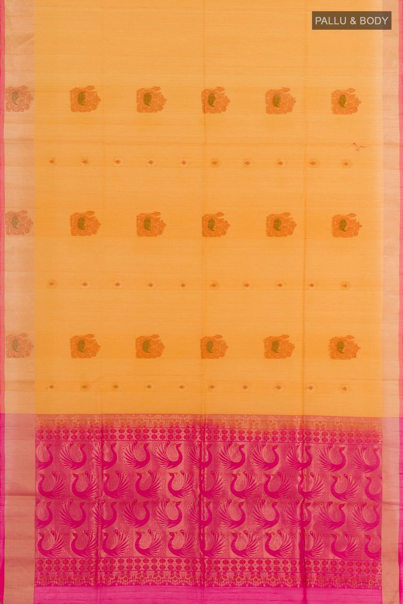 Flat view of Yellow Blended Kora Cotton Saree with Zari Butta on the body and Zari Border. 