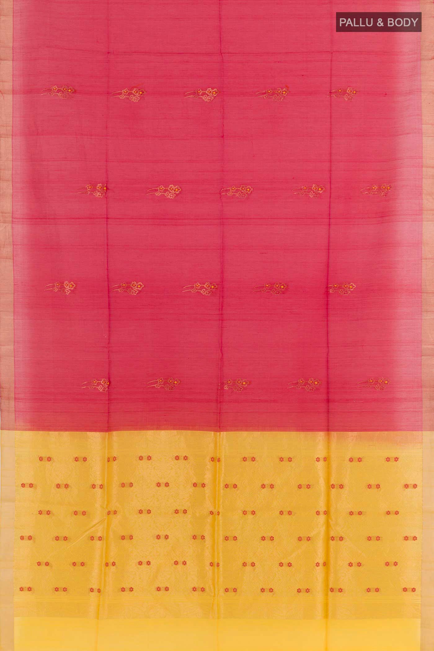Flat view of Red Kora Cotton Saree with Zari Butta on the body and Zari Border. 