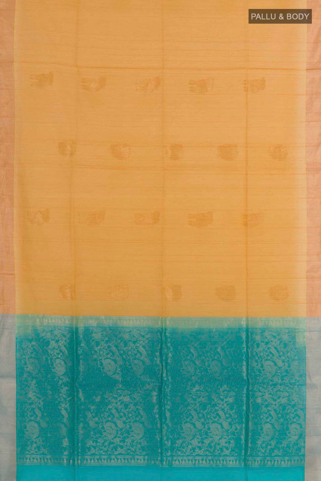 Flat view of Mustard Blended Kora Cotton Saree with Zari Butta on the body and Zari Border. 