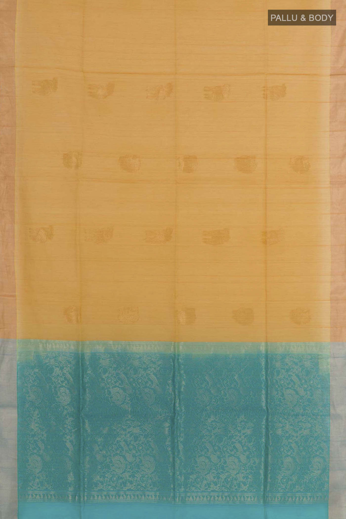 Flat view of Mustard Blended Kora Cotton Saree with Zari Butta on the body and Zari Border. 