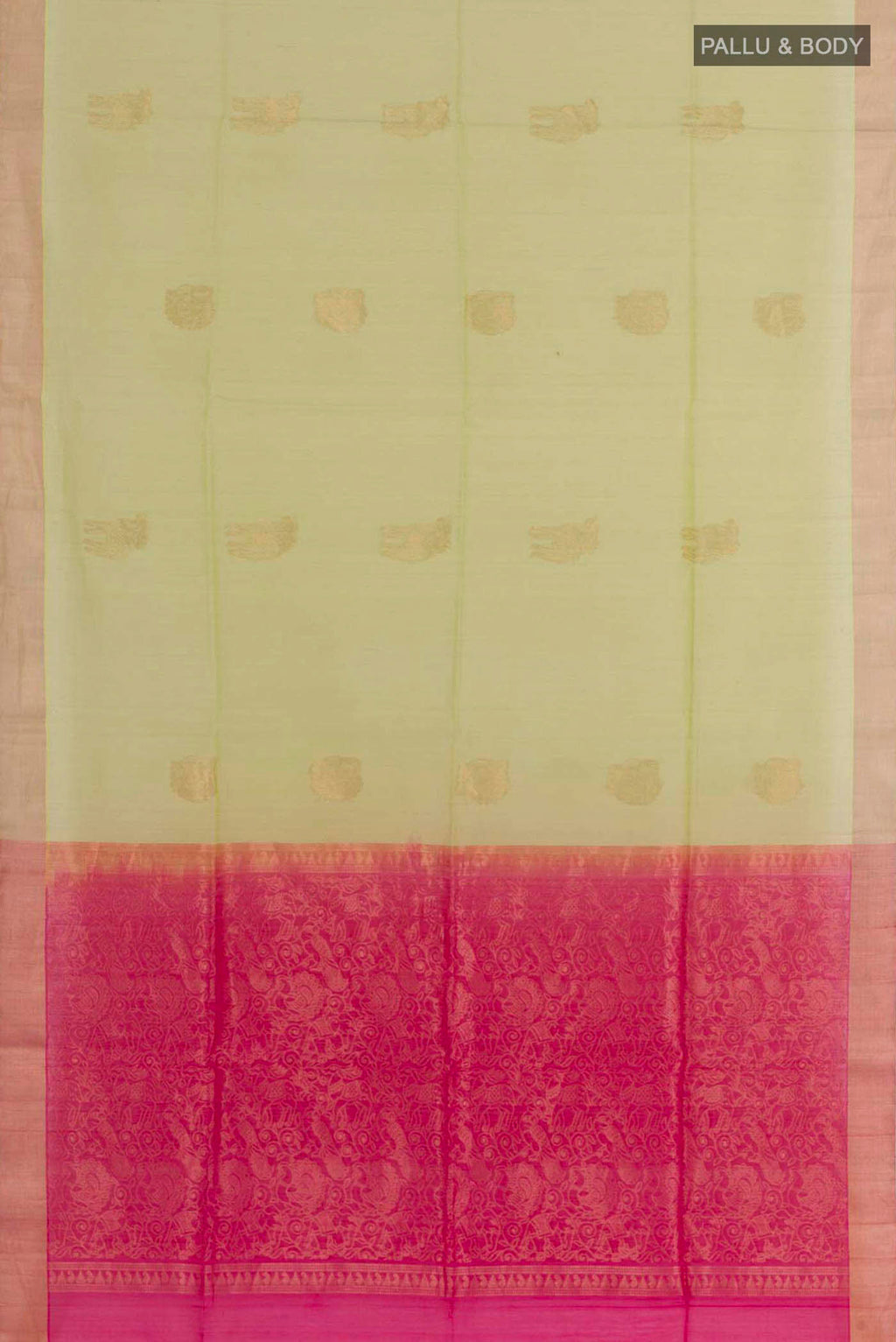 Flat view of Green Blended Kora Cotton Saree with Zari Butta on the body and Zari Border. 