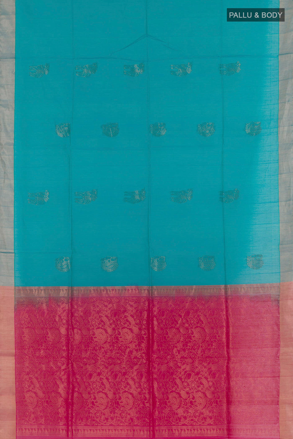 Flat view of Blue Blended Kora Cotton Saree with Zari Butta on the body and Zari Border. 
