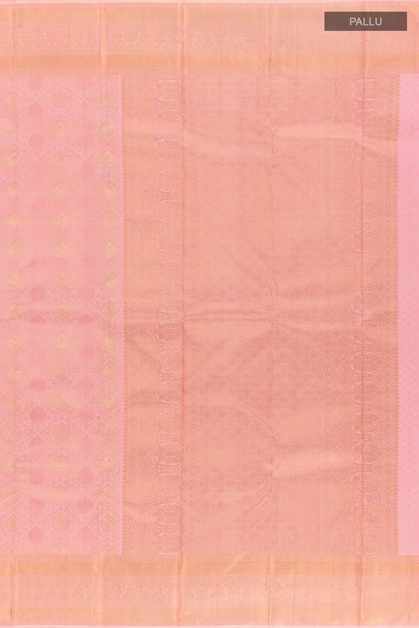 Close up image of the pallu of Pink Kanchipuram Silk Saree with Zari Brocade on the body and Zari Border. 