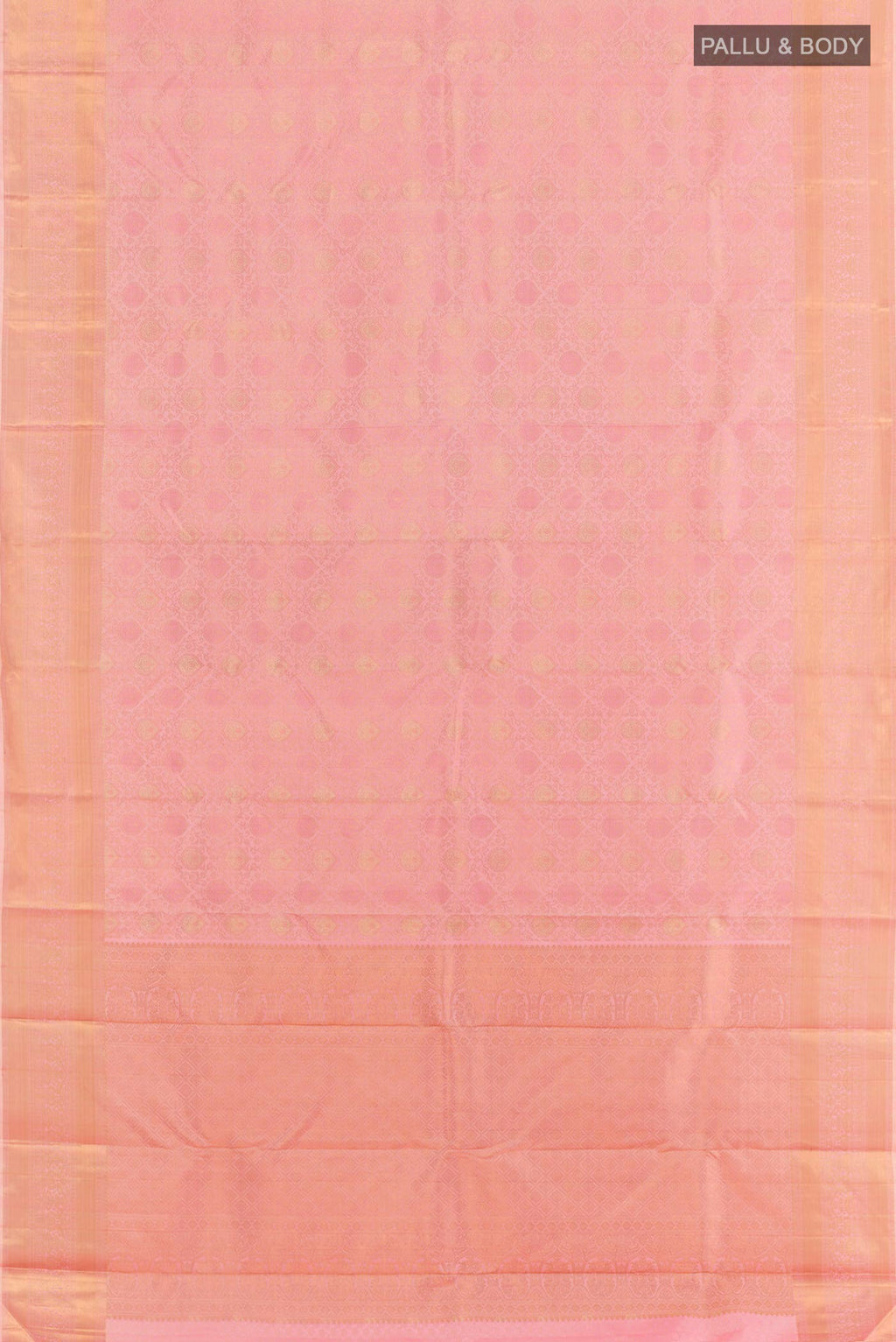 Flat view of Pink Kanchipuram Silk Saree with Zari Brocade on the body and Zari Border. 