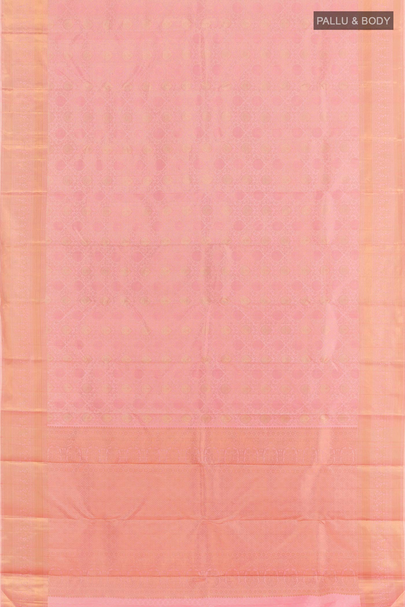 Flat view of Pink Kanchipuram Silk Saree with Zari Brocade on the body and Zari Border. 