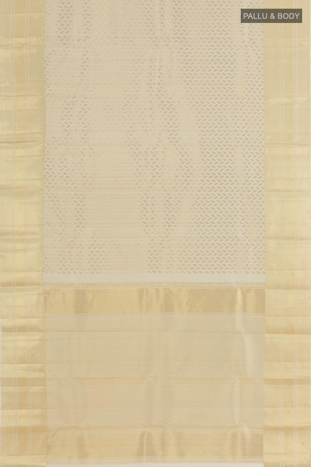 Flat view of Off White Kanchipuram Silk Saree with Zari Brocade on the body and Plain Border. 
