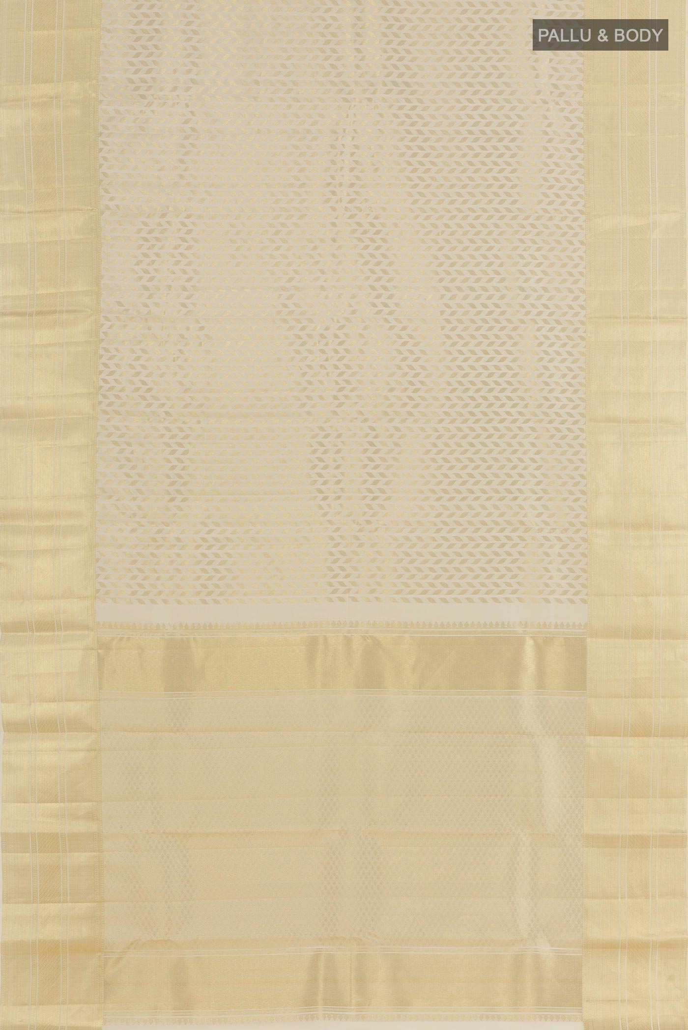 Flat view of Off White Kanchipuram Silk Saree with Zari Brocade on the body and Plain Border. 