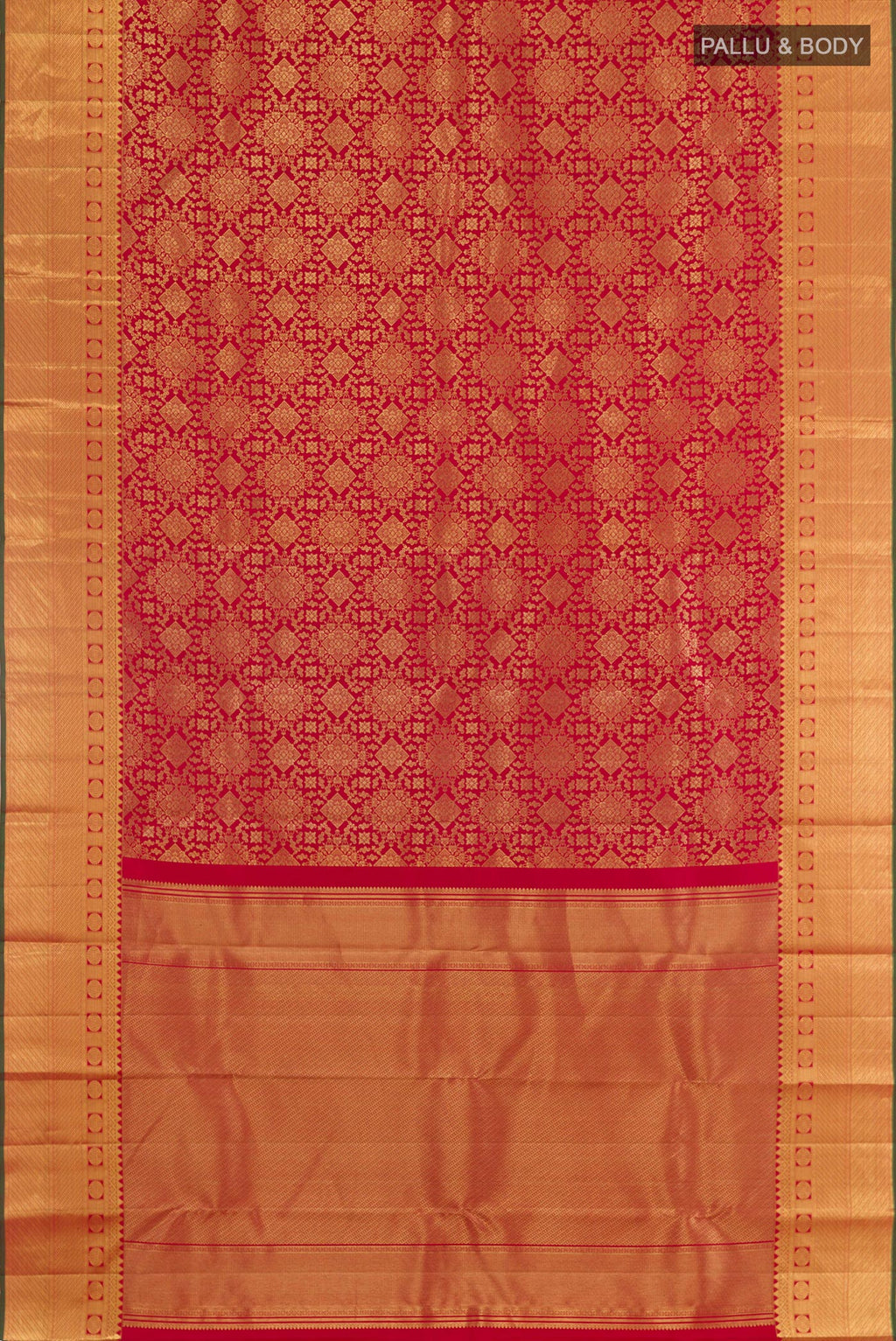 Flat view of Red Kanchipuram Silk Saree with Zari Brocade on the body and Plain Border. 