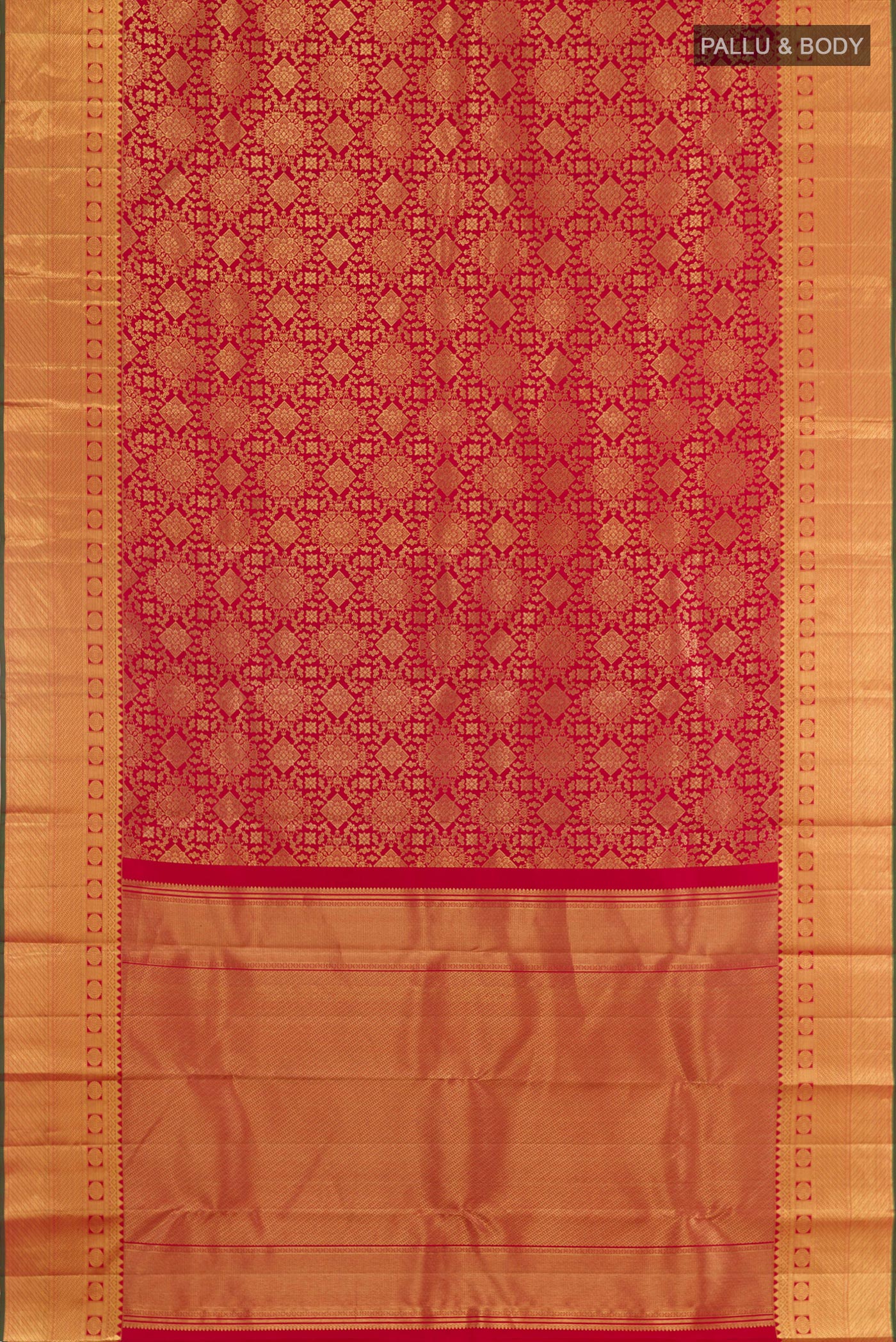 Flat view of Red Kanchipuram Silk Saree with Zari Brocade on the body and Plain Border. 