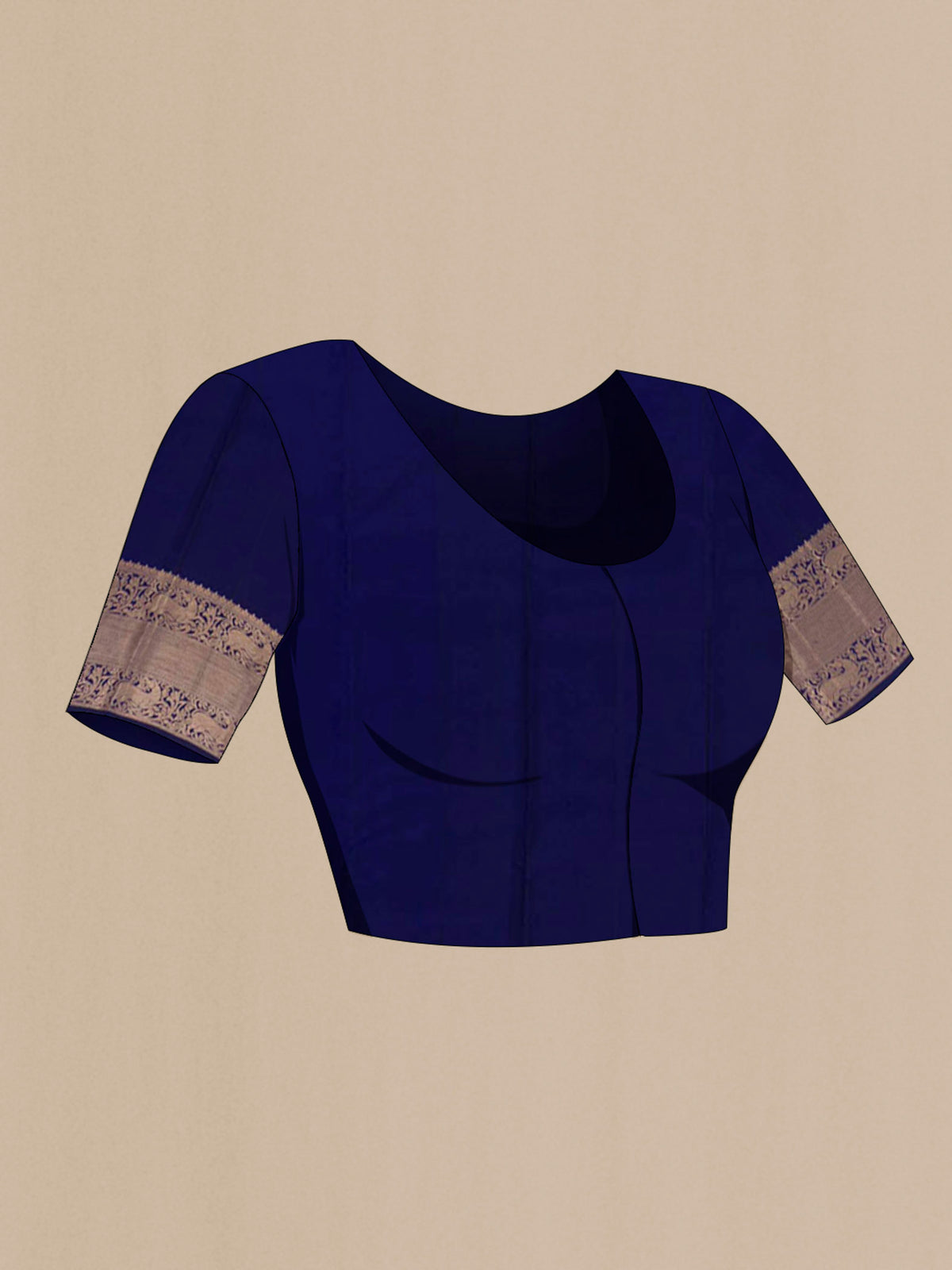 Close up image of the blouse of Blue Kanchipuram Silk Saree with Zari Butta on the body and Zari Border. 