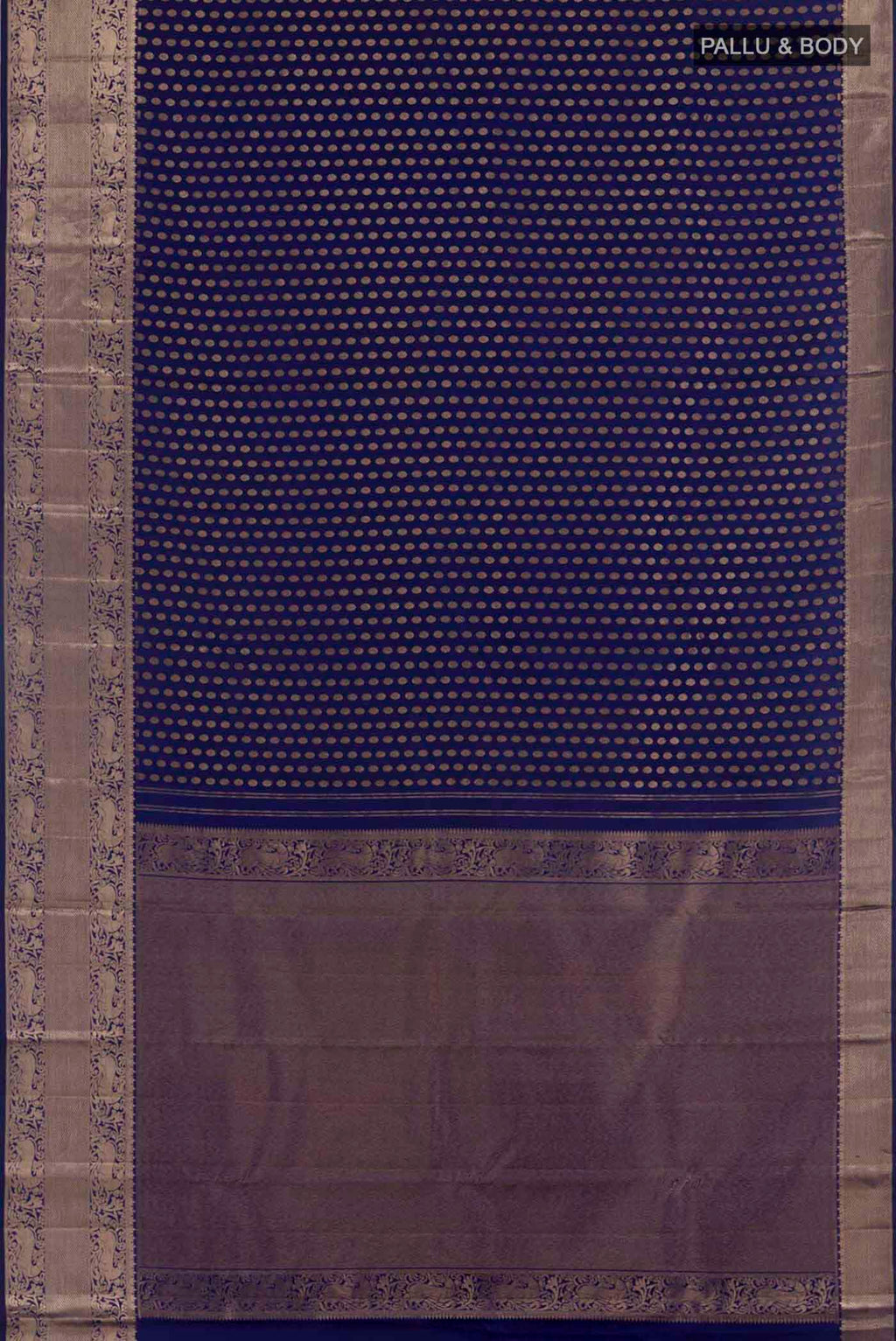 Flat view of Blue Kanchipuram Silk Saree with Zari Butta on the body and Zari Border. 