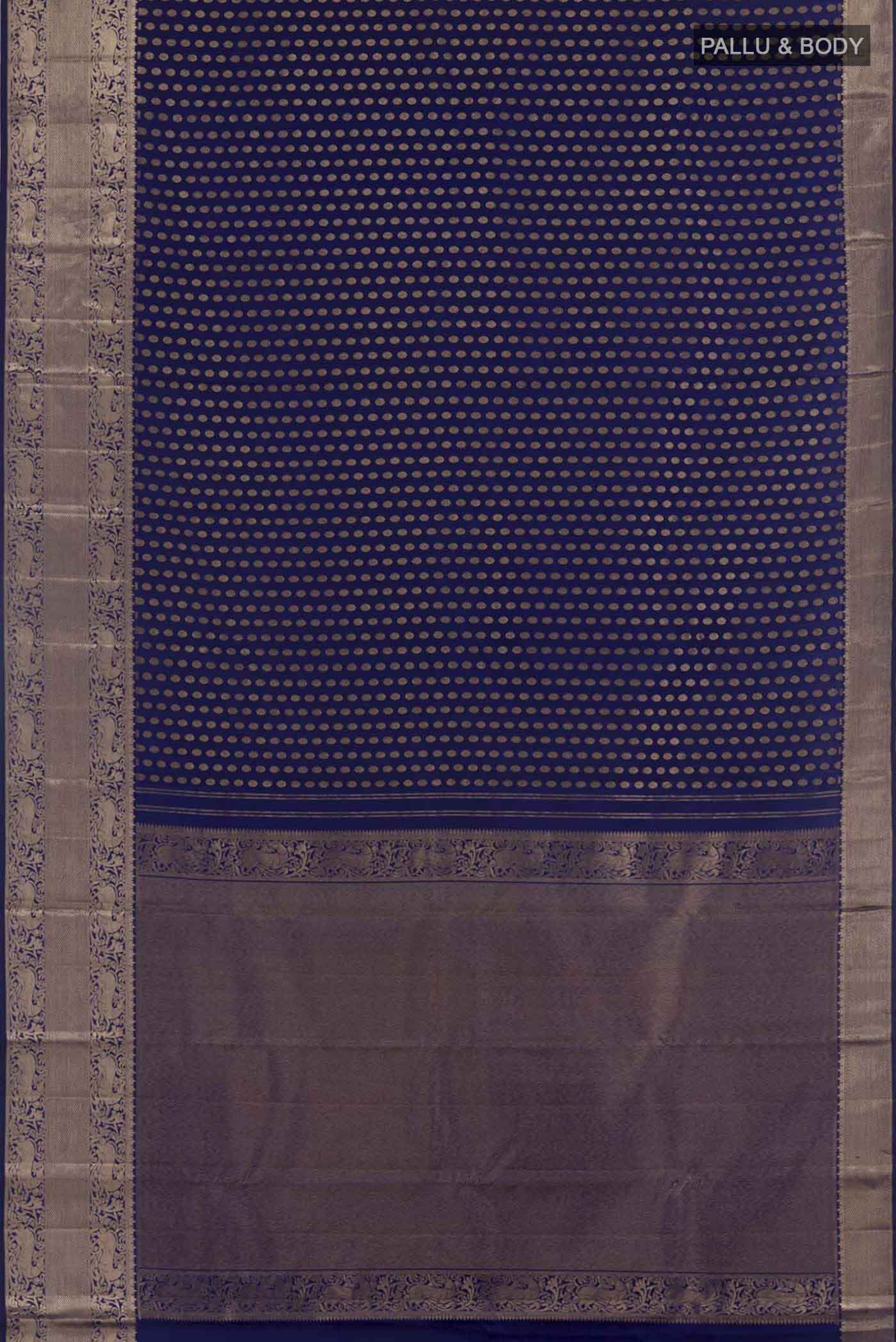 Flat view of Blue Kanchipuram Silk Saree with Zari Butta on the body and Zari Border. 