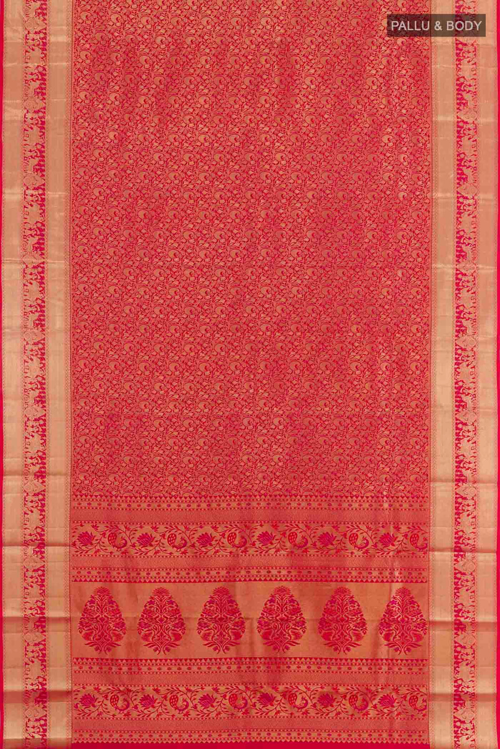 Flat view of Red Kanchipuram Silk Saree with Zari Butta on the body and Zari Border. 