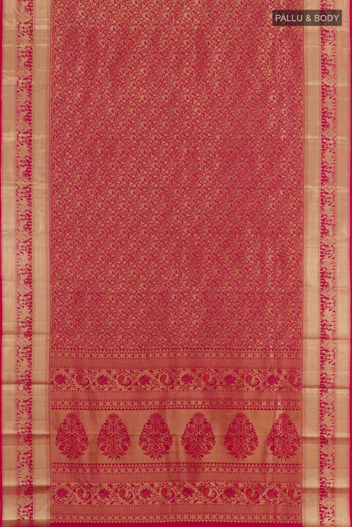 Flat view of Red Kanchipuram Silk Saree with Zari Butta on the body and Zari Border. 