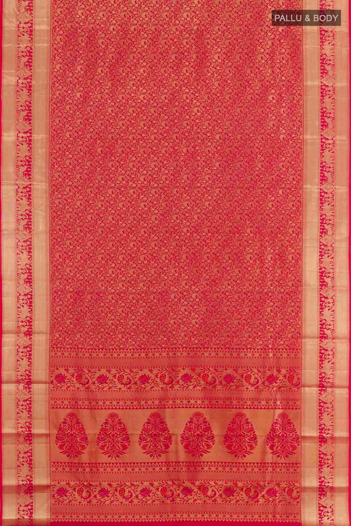 Flat view of Red Kanchipuram Silk Saree with Zari Butta on the body and Zari Border. 