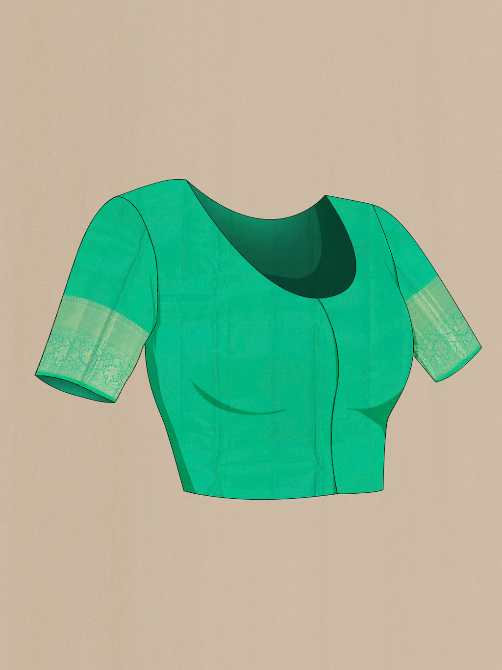 Close up image of the blouse of Green Kanchipuram Silk Saree with Zari Brocade on the body and Plain Border. 