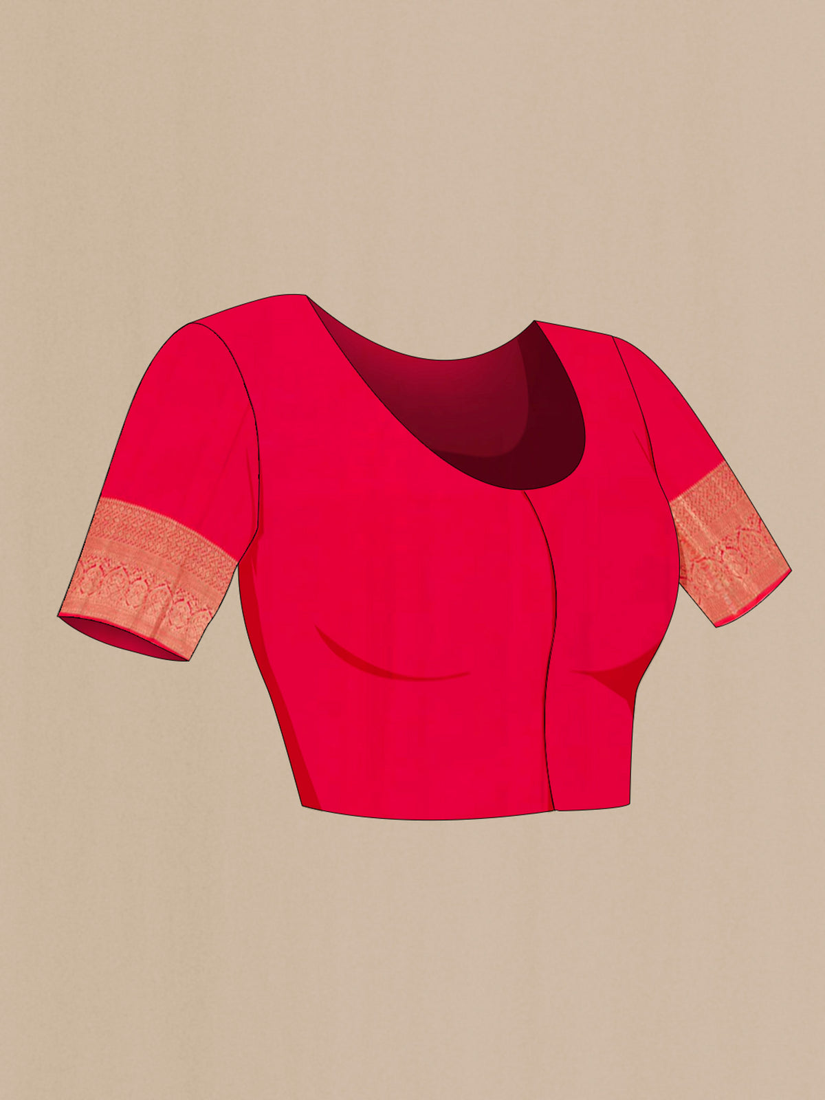 Close up image of the blouse of Red Kanchipuram Silk Saree with Zari Brocade on the body and Zari Border. 