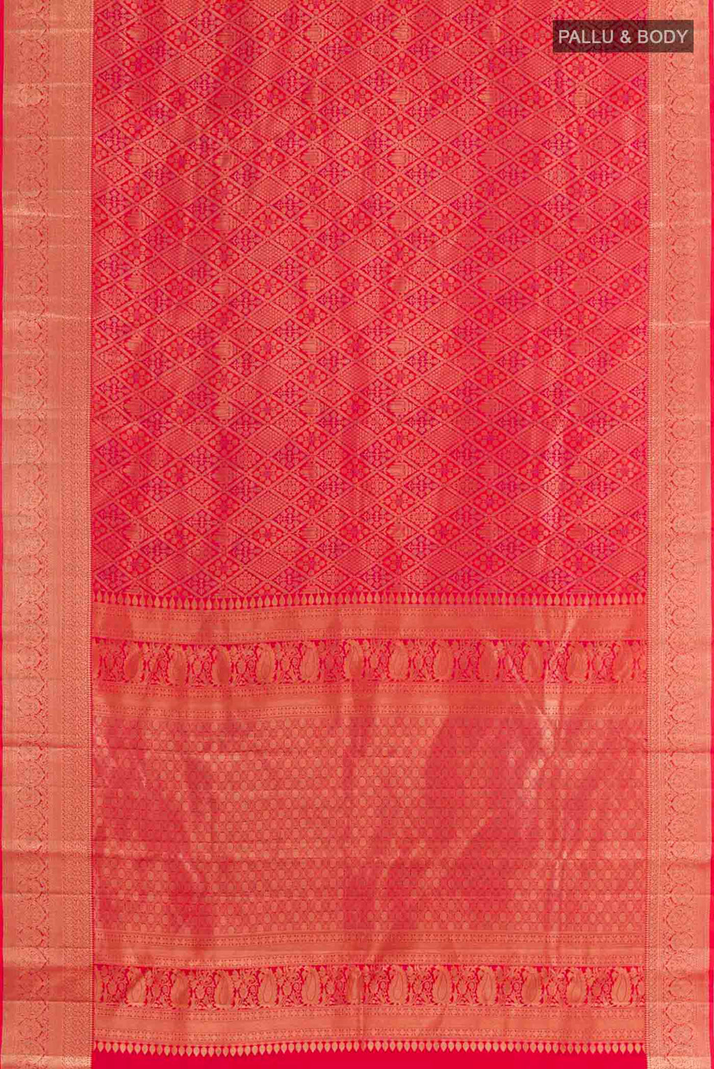 Flat view of Red Kanchipuram Silk Saree with Zari Brocade on the body and Zari Border. 