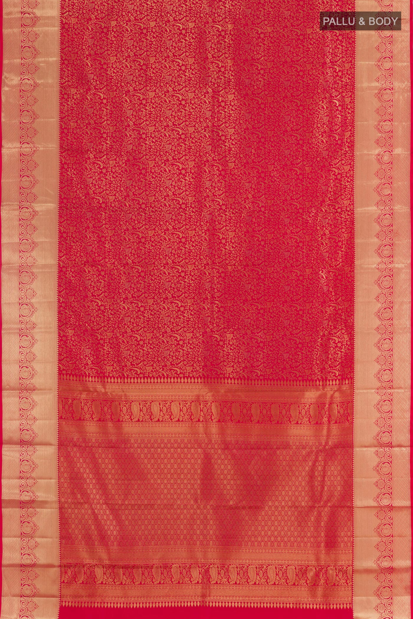 Flat view of Red Kanchipuram Silk Saree with Zari Brocade on the body and Plain Border. 