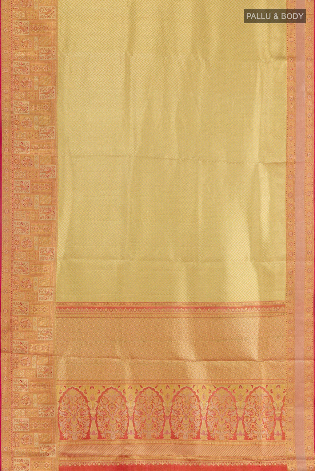 Flat view of Golden Kanchipuram Silk Saree with Zari Brocade on the body and Plain Border. 