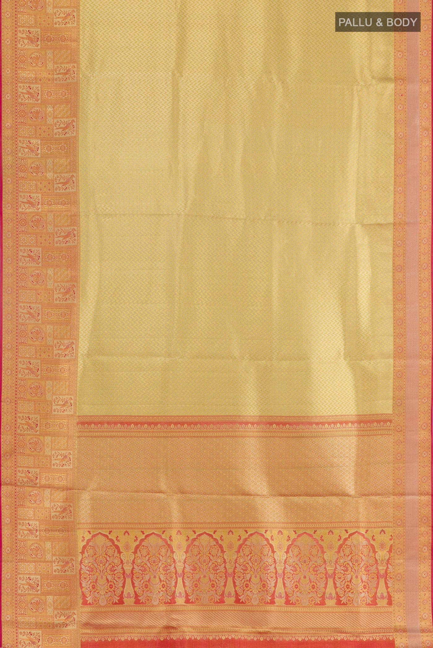 Flat view of Golden Kanchipuram Silk Saree with Zari Brocade on the body and Plain Border. 