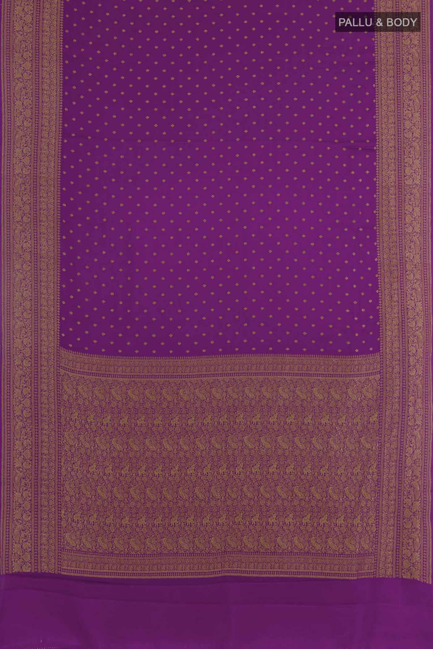 Flat view of Purple Banarasi Georgette Saree with Zari Butta on the body and Zari Border. 