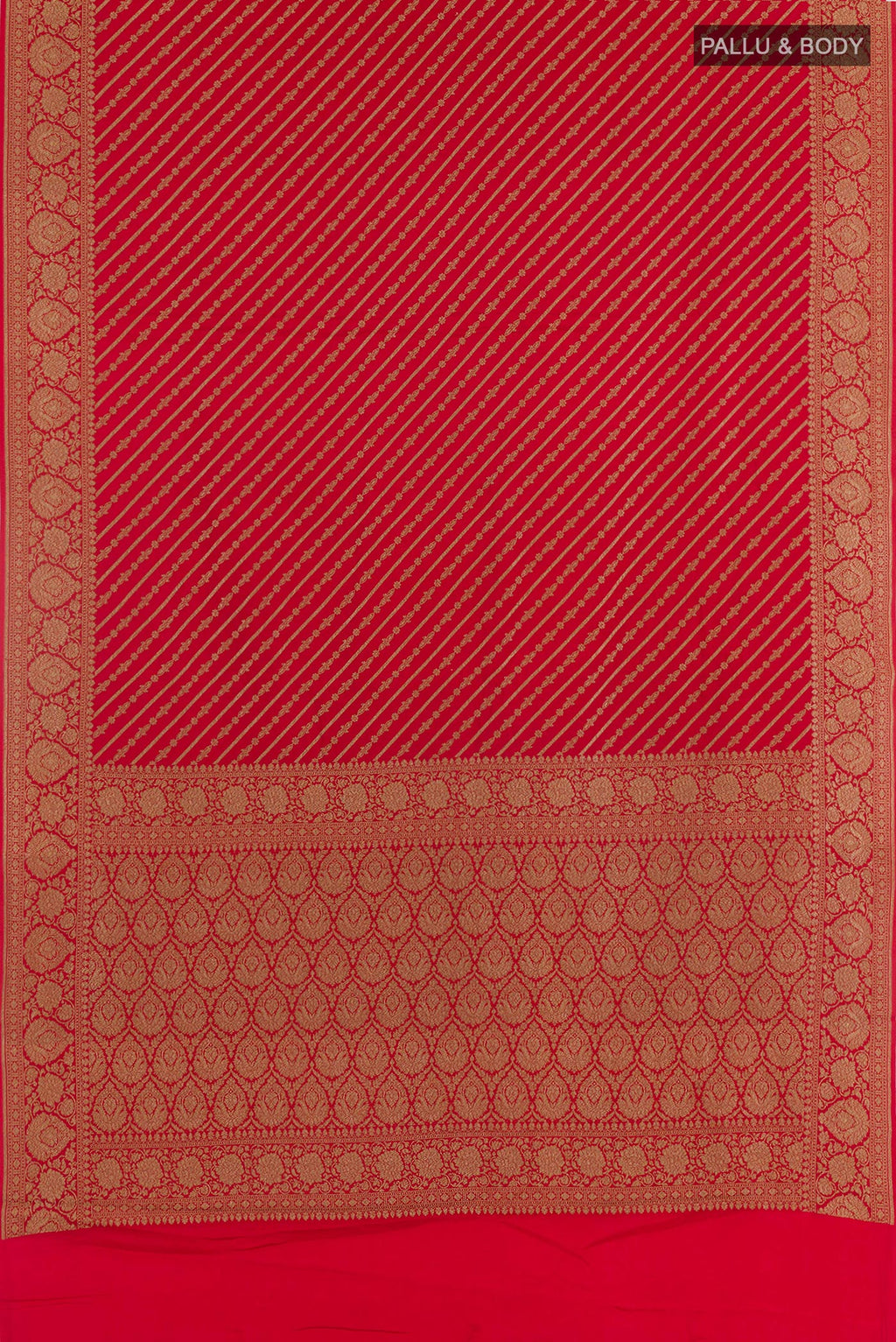Flat view of Red Banarasi Georgette Saree with Stripes on the body and Plain Border. 