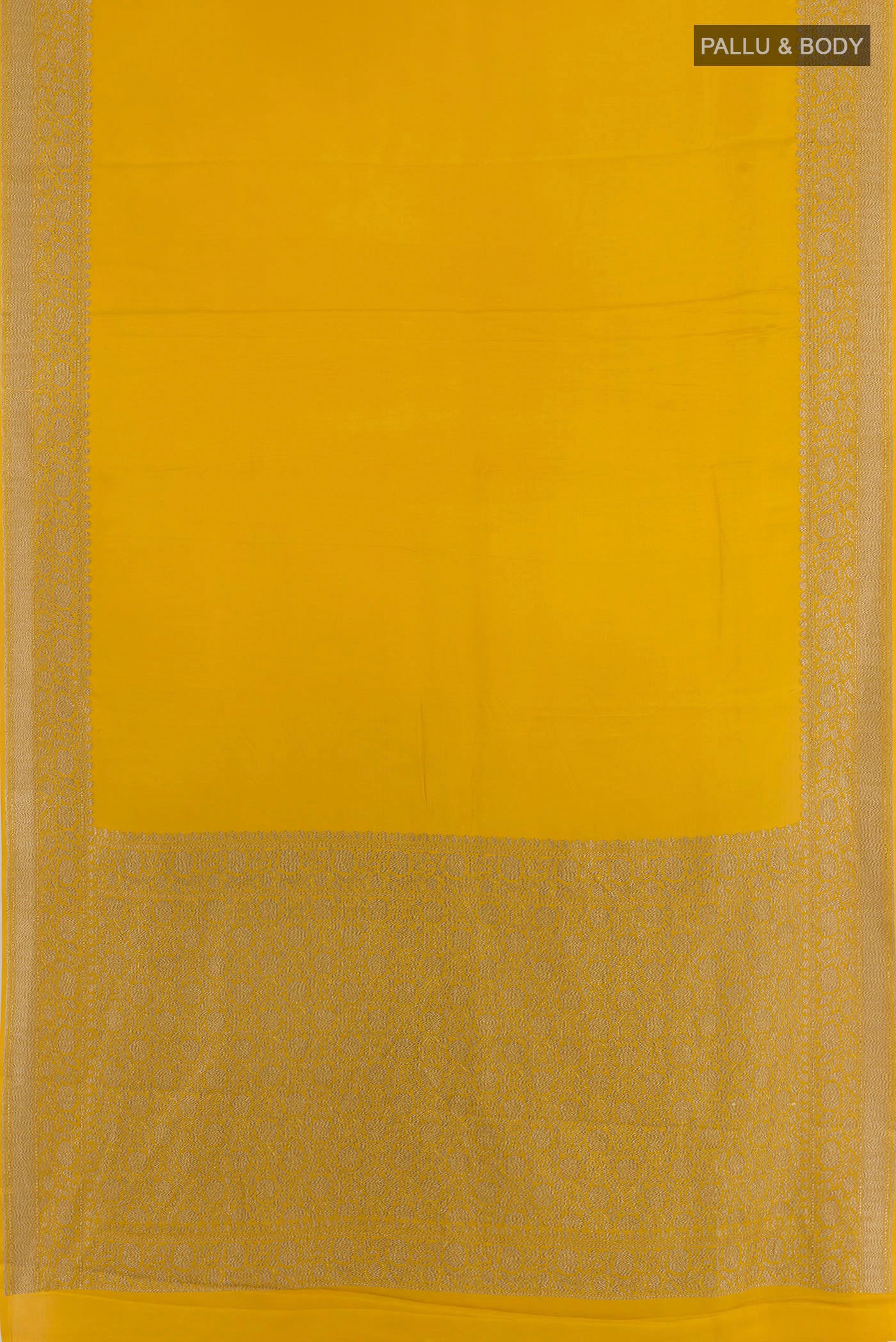 Flat view of Yellow Mysore Crepe Saree with Plain Body and Plain Border. 