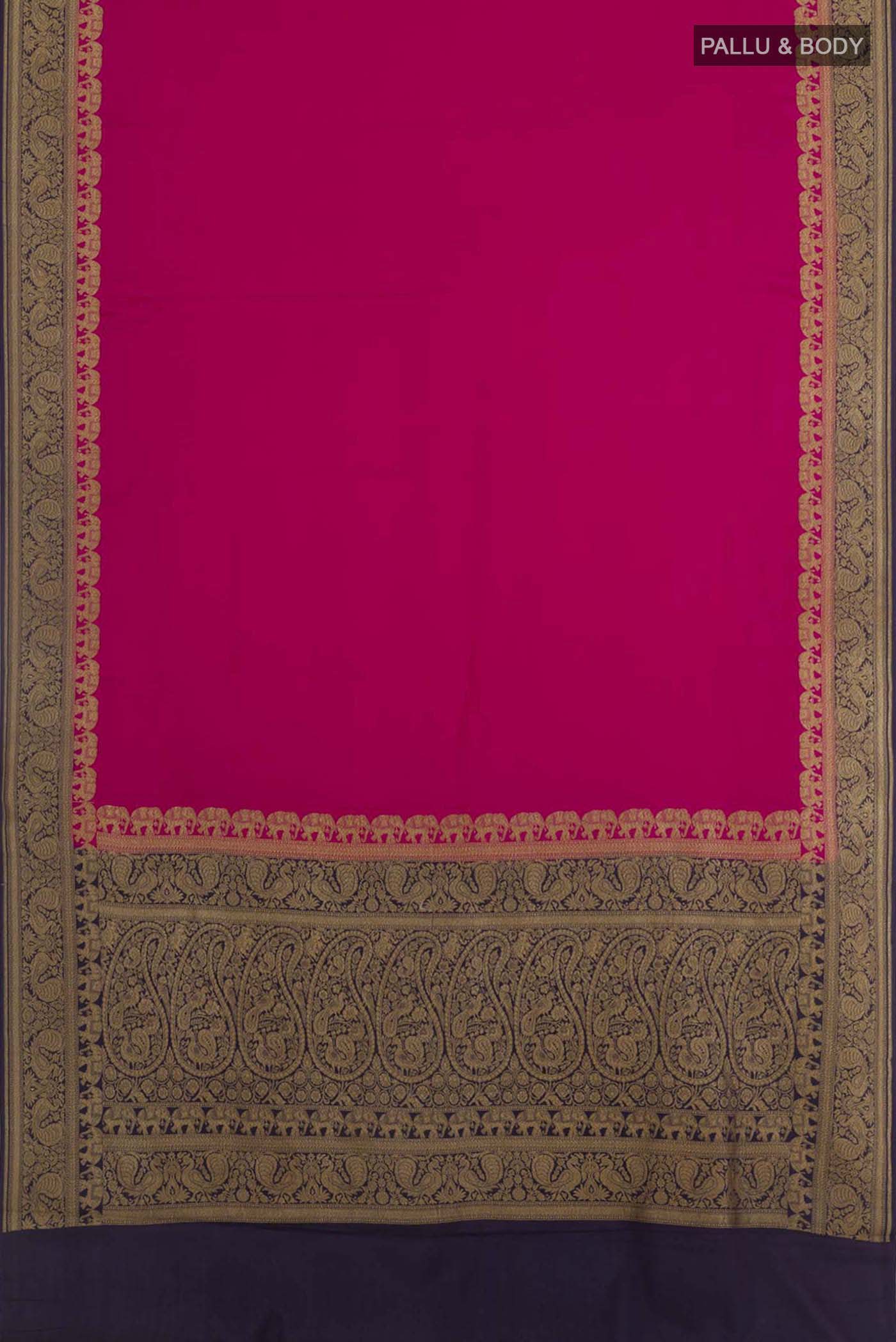 Flat view of Pink Banarasi Georgette Saree with Plain Body and Zari Border. 
