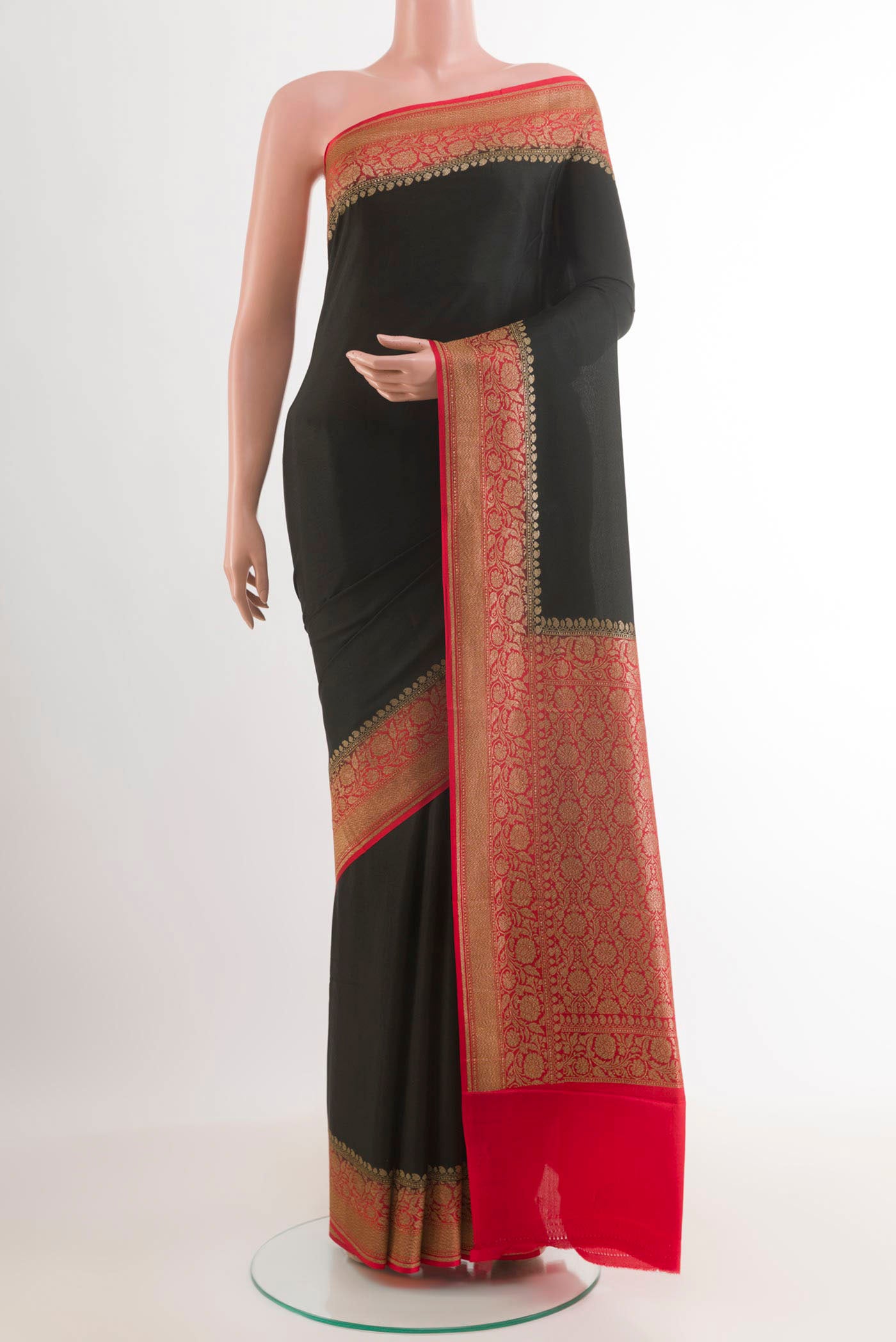 Black Banarasi Georgette Saree with Plain Body and Zari Border.  displayed on a mannequin