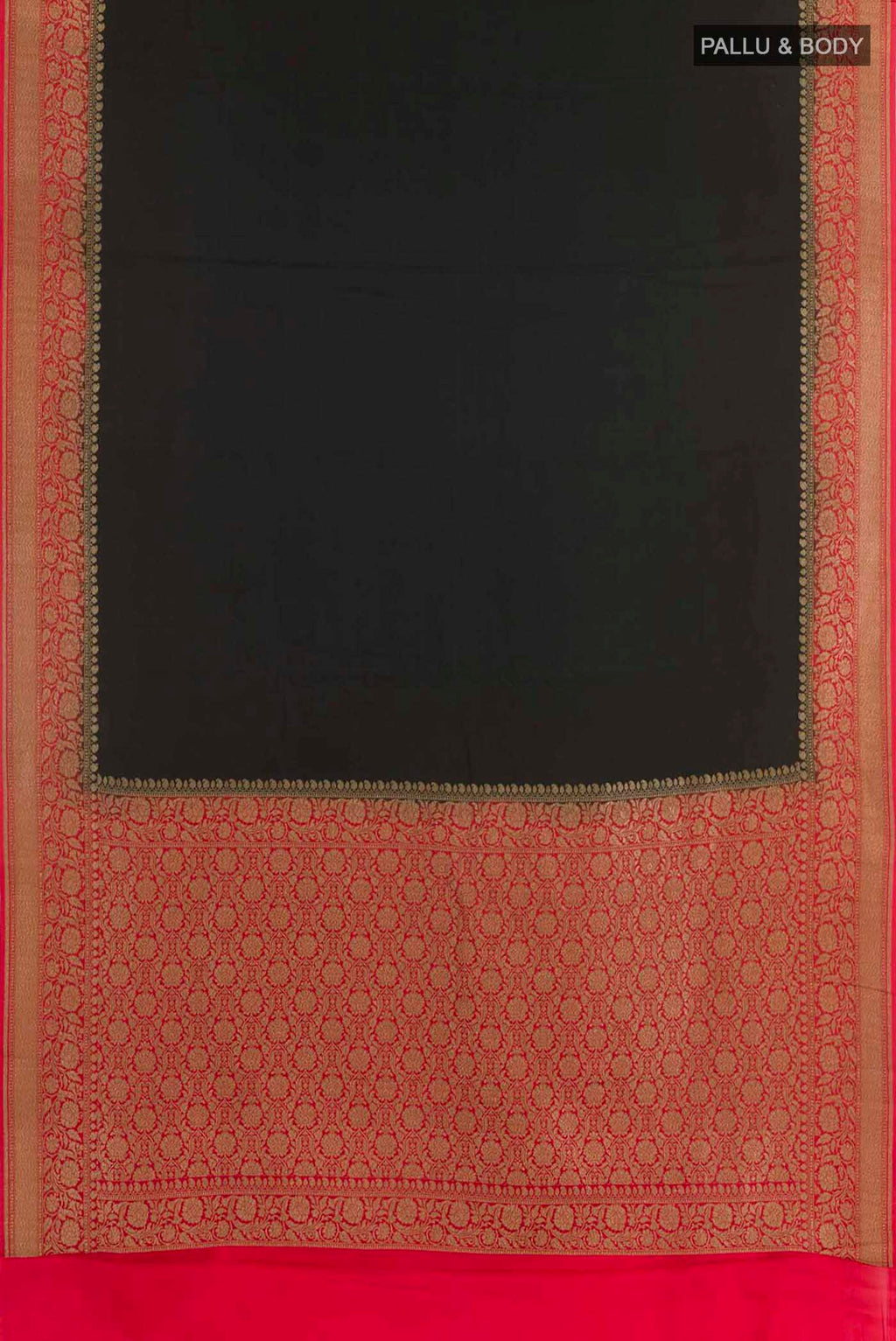 Flat view of Black Banarasi Georgette Saree with Plain Body and Zari Border. 