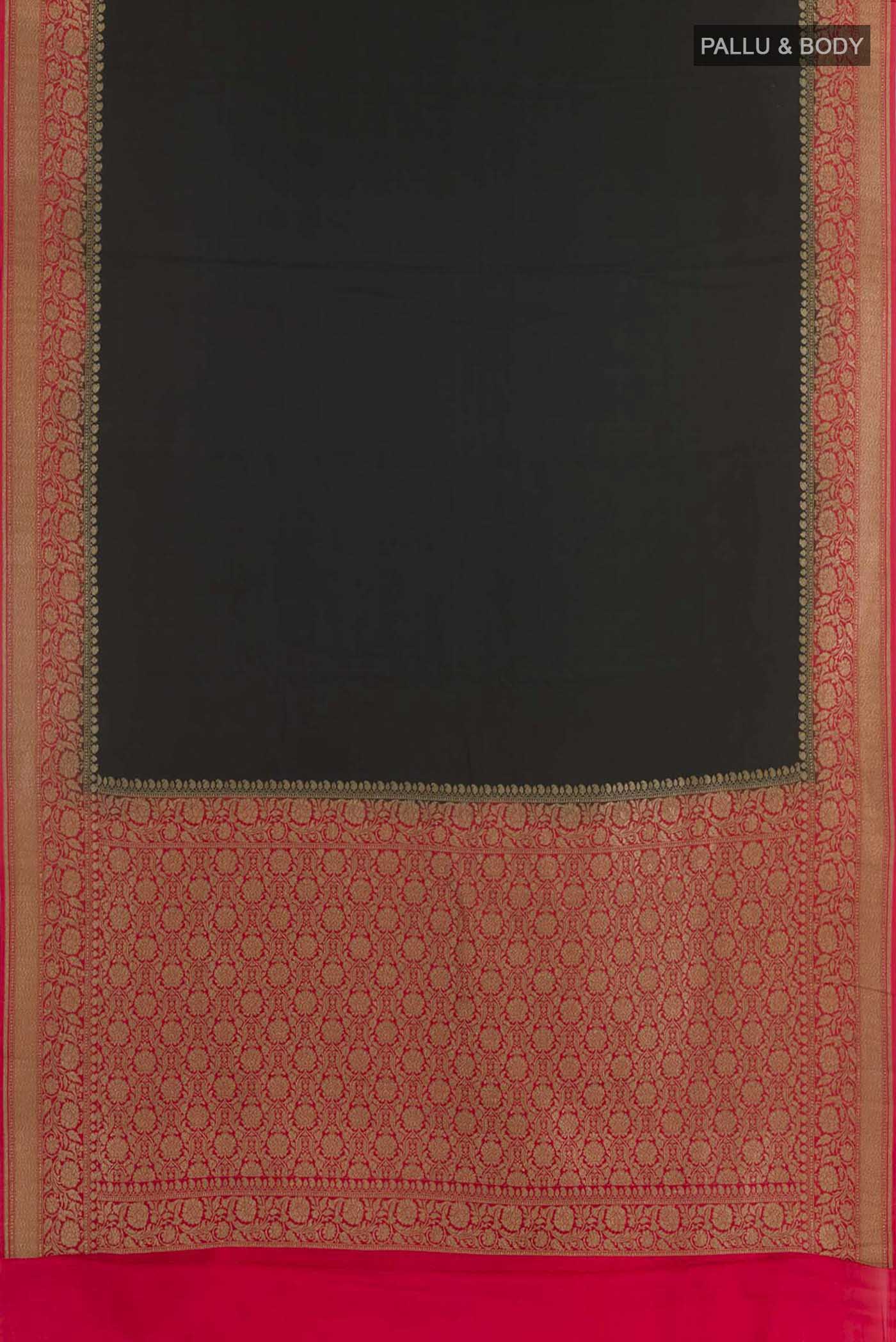 Flat view of Black Banarasi Georgette Saree with Plain Body and Zari Border. 