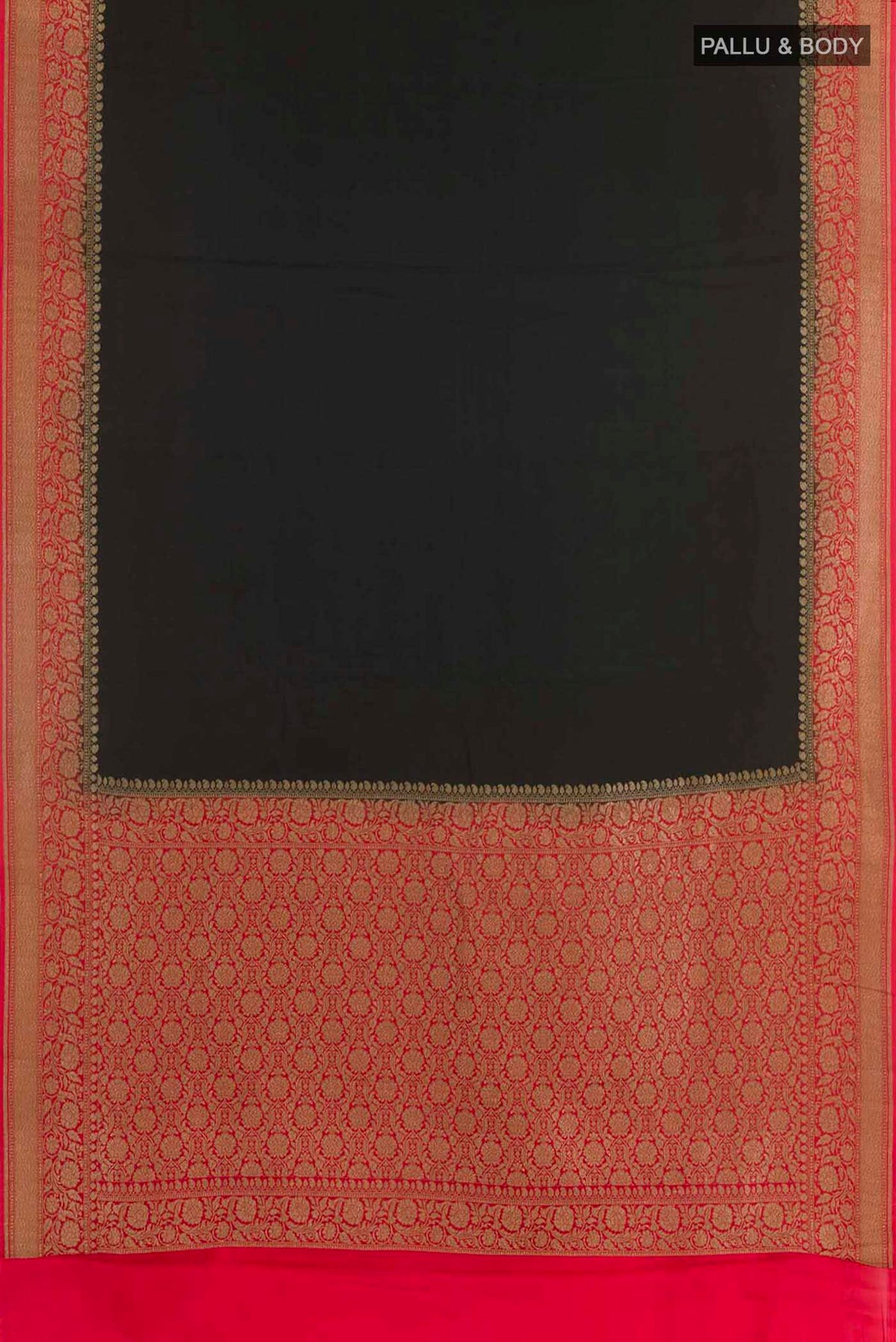 Flat view of Black Banarasi Georgette Saree with Plain Body and Zari Border. 