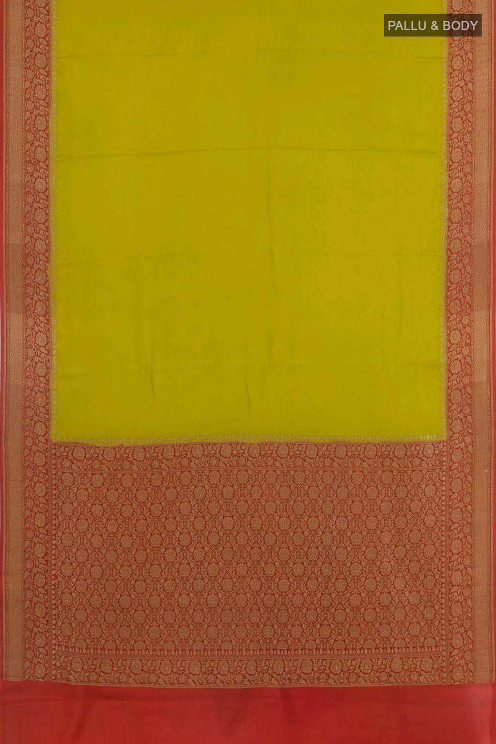 Flat view of Pickle Green Banarasi Georgette Saree with Plain Body and Zari Border. 