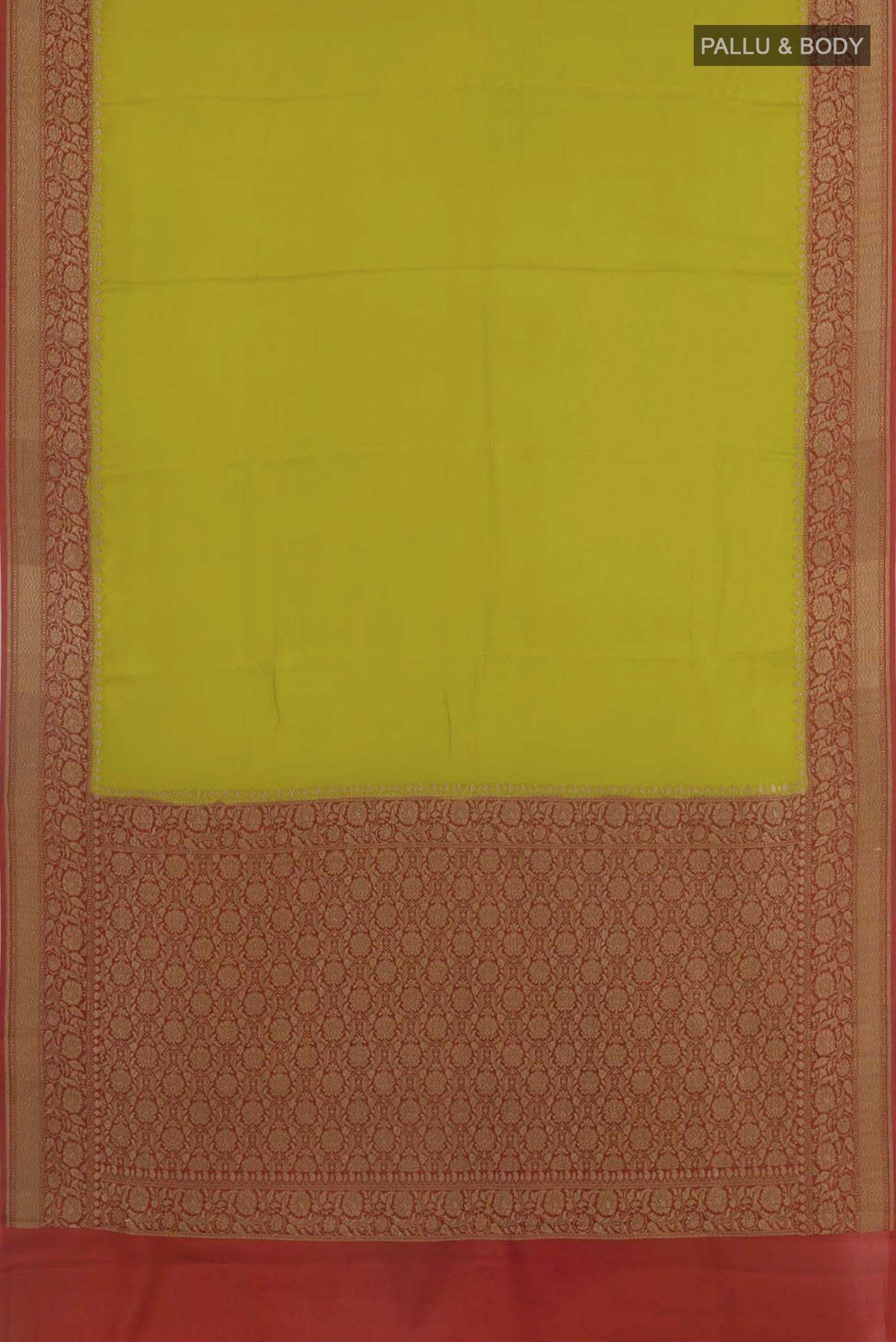 Flat view of Pickle Green Banarasi Georgette Saree with Plain Body and Zari Border. 