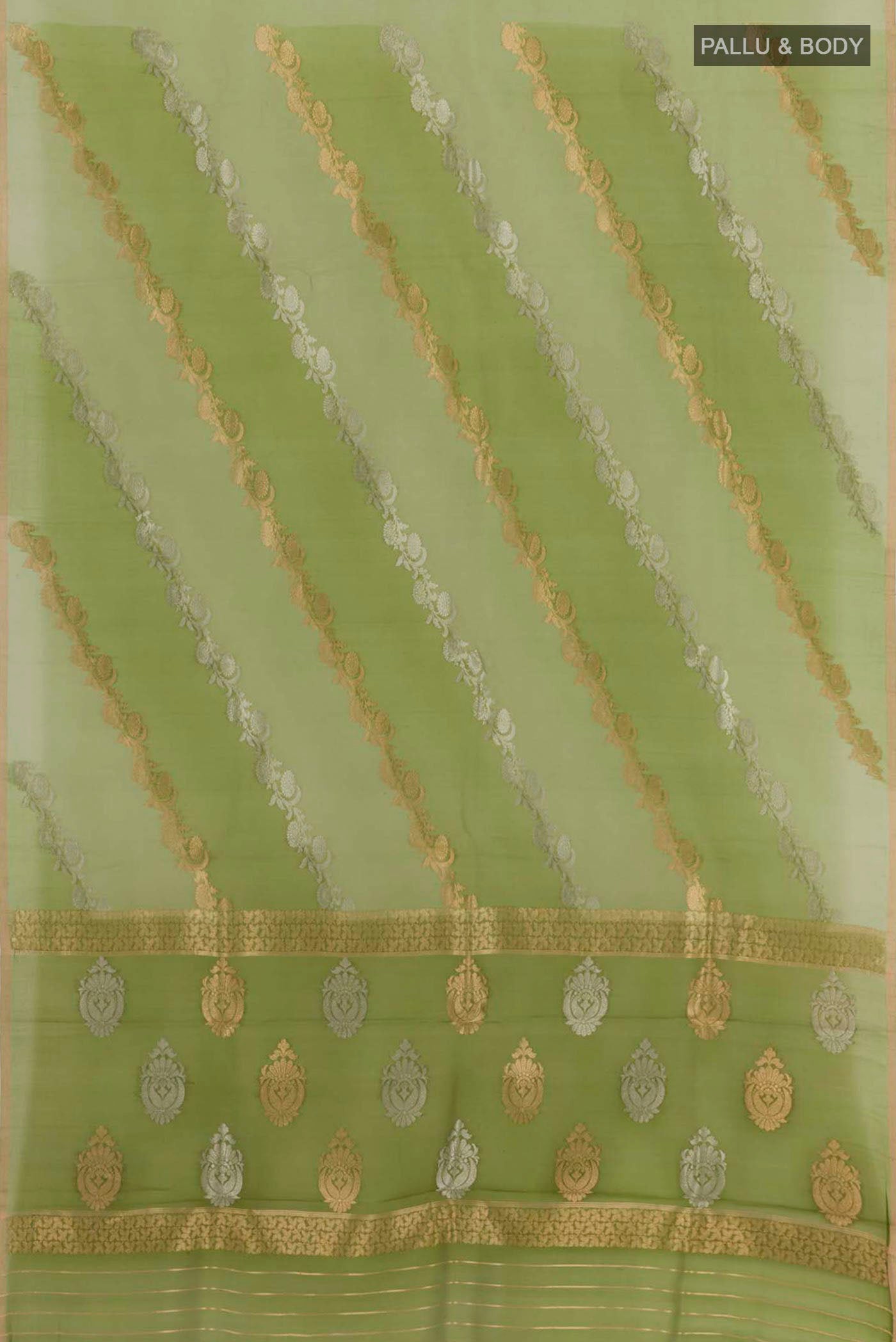 Flat view of Green Banarasi Kora Silk Saree with Zari Butta on the body and Zari Border. 