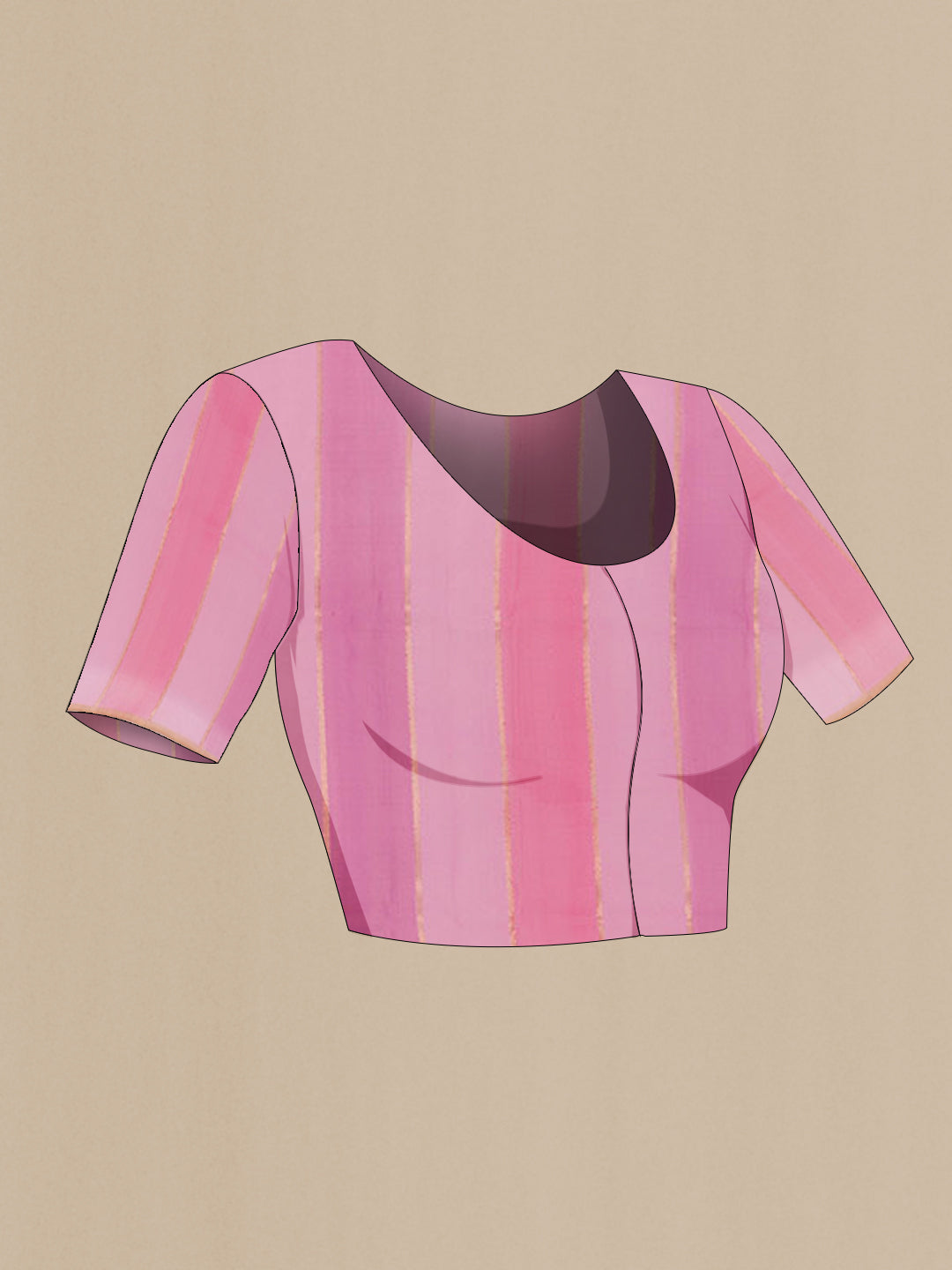 Close up image of the blouse of Pink Banarasi Kora Silk Saree with Zari Butta on the body and Zari Border. 