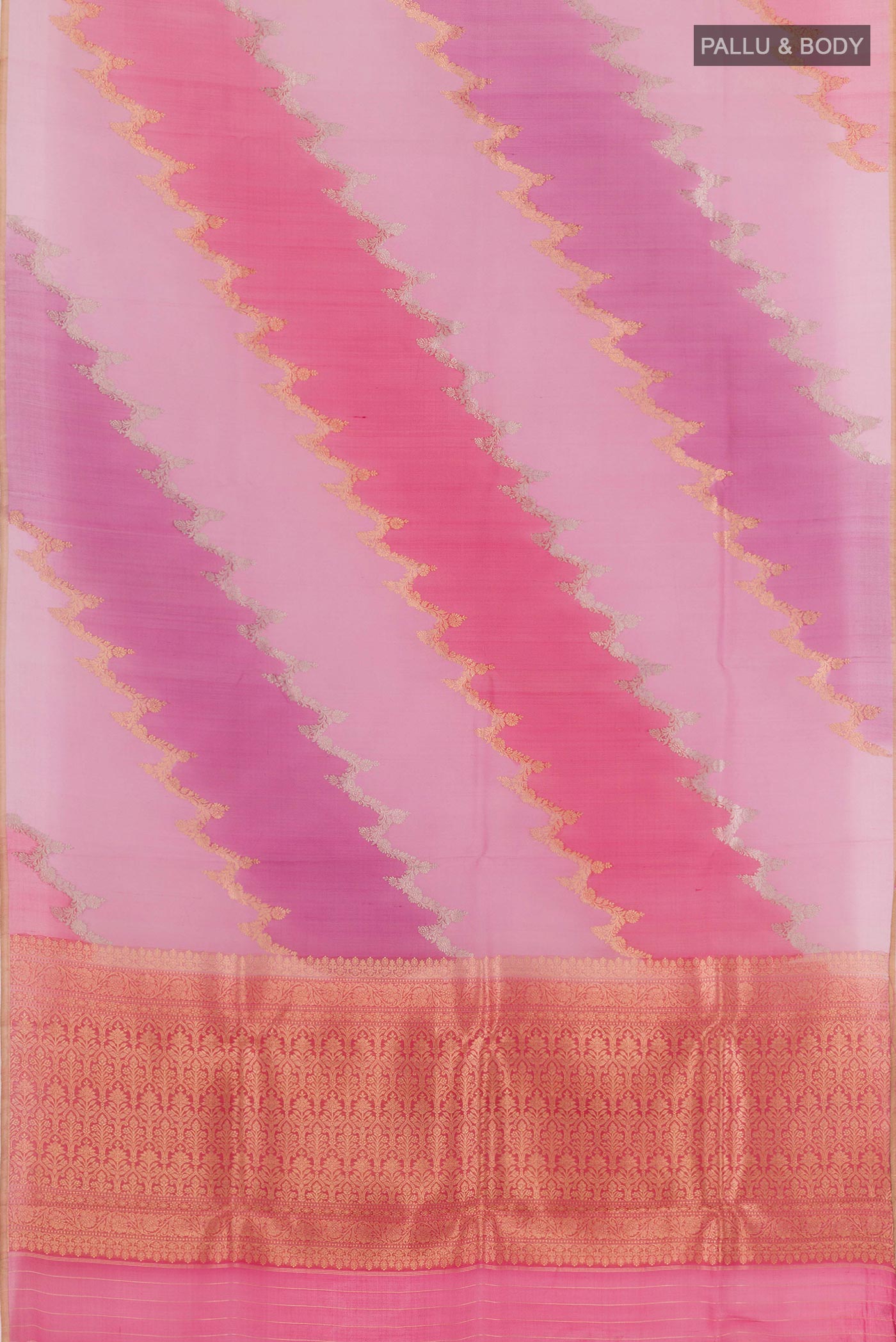 Flat view of Pink Banarasi Kora Silk Saree with Zari Butta on the body and Zari Border. 