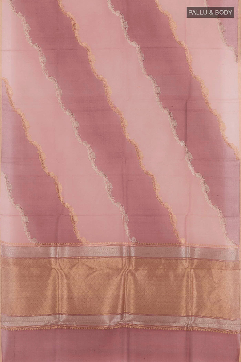 Flat view of Magenta Banarasi Kora Silk Saree with Zari Butta on the body and Zari Border. 