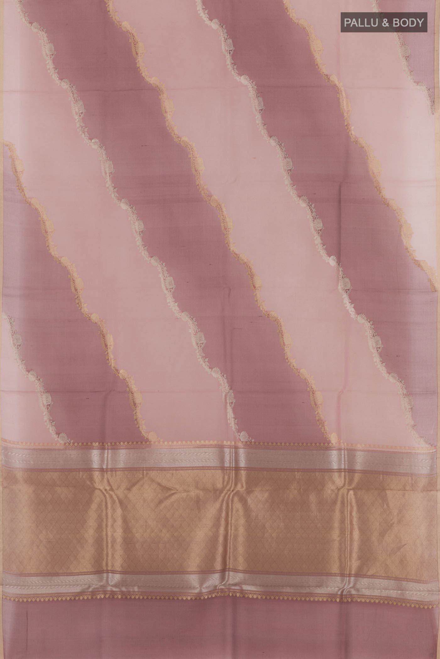 Flat view of Magenta Banarasi Kora Silk Saree with Zari Butta on the body and Zari Border. 