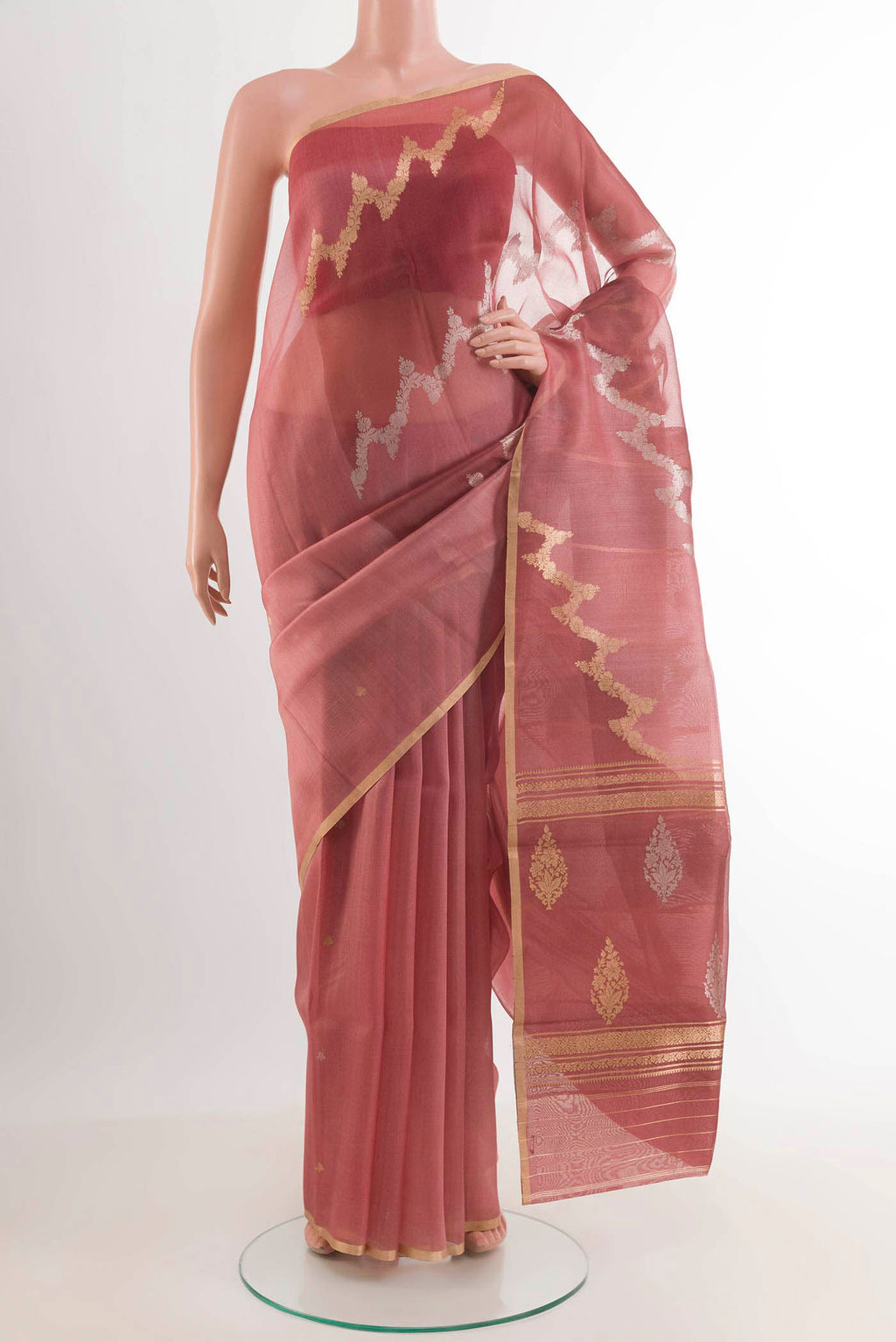 Imperial Pink Banarasi Kora Silk Saree with Zari Brocade on the body and Zari Border.  displayed on a mannequin