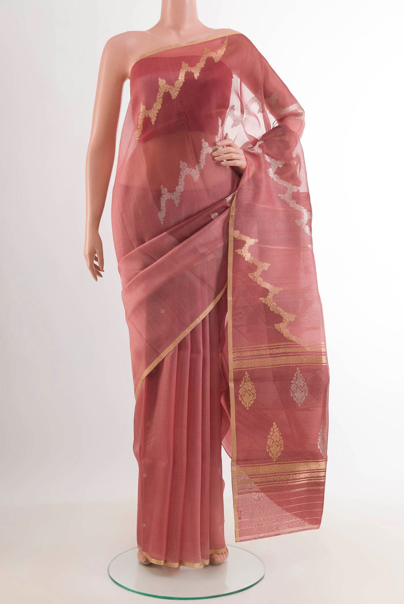 Imperial Pink Banarasi Kora Silk Saree with Zari Brocade on the body and Zari Border.  displayed on a mannequin