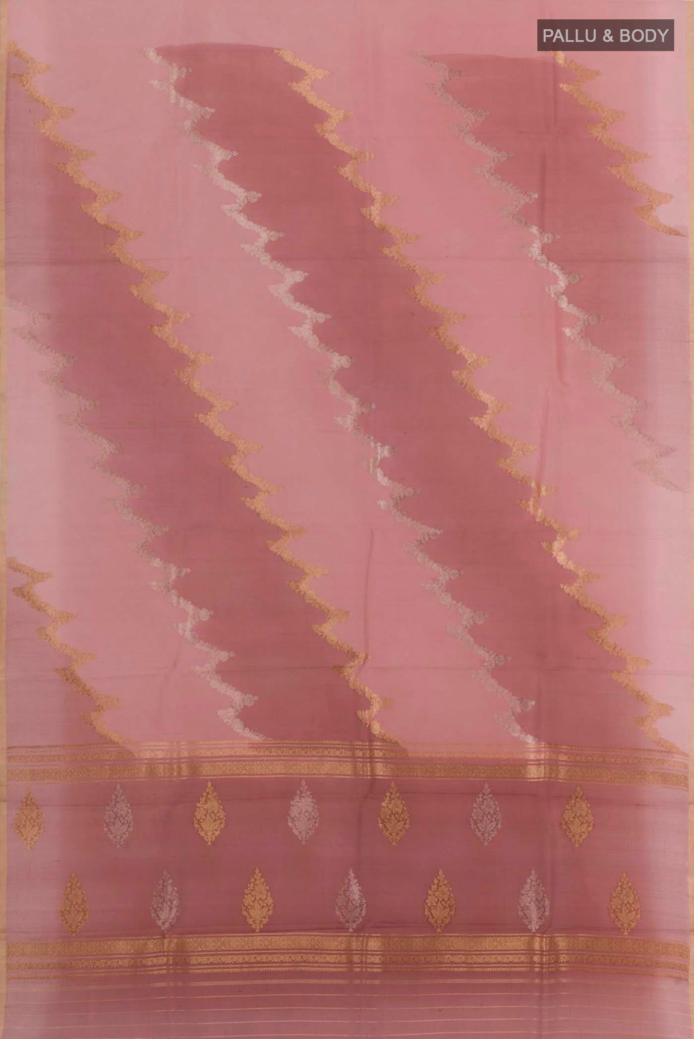 Flat view of Imperial Pink Banarasi Kora Silk Saree with Zari Brocade on the body and Zari Border. 